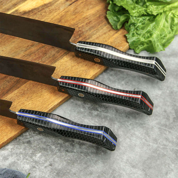 Moretsuna Japanese knife set, showcasing 3-Piece honeycomb handle details