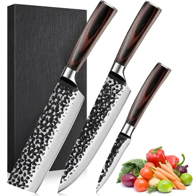 3PCS konyhakés készlet: 8" Szakács, 7„ Nakiri, 5” Hasznos kés. Kovácsolt, magas széntartalmú rozsdamentes acélból készült a kivételes élesség és tartósság érdekében, Modern főzés Vágás AjándékdobozKonyhai eszközök.