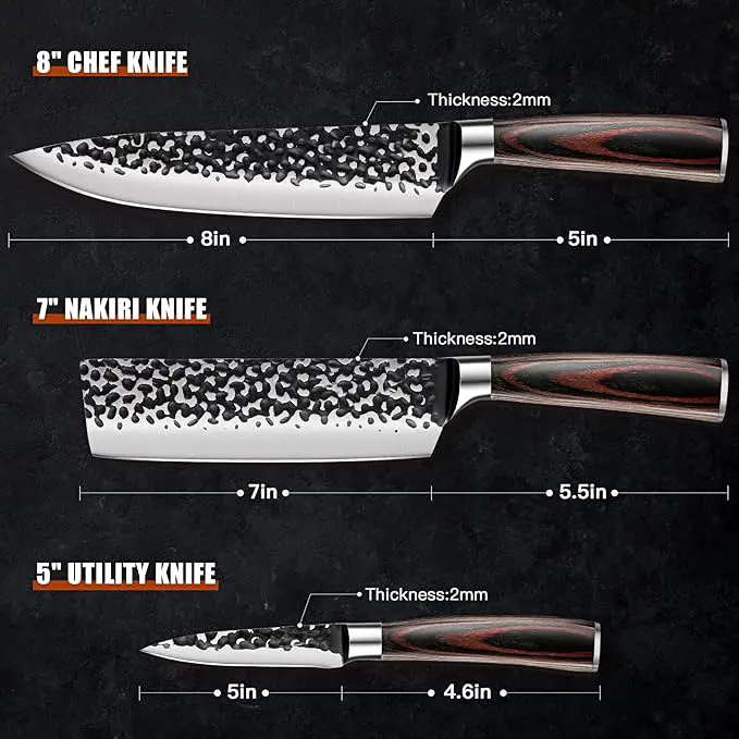 3PCS konyhakés készlet: 8" Szakács, 7„ Nakiri, 5” Hasznos kés. Kovácsolt, magas széntartalmú rozsdamentes acélból készült a kivételes élesség és tartósság érdekében, Modern főzés Vágás AjándékdobozKonyhai eszközök.
