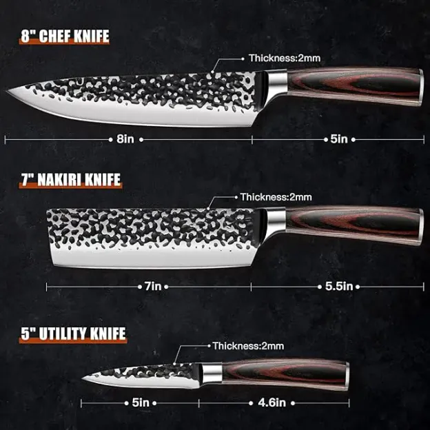 3PCS konyhakés készlet: 8" Szakács, 7„ Nakiri, 5” Hasznos kés. Kovácsolt, magas széntartalmú rozsdamentes acélból készült a kivételes élesség és tartósság érdekében, Modern főzés Vágás AjándékdobozKonyhai eszközök.