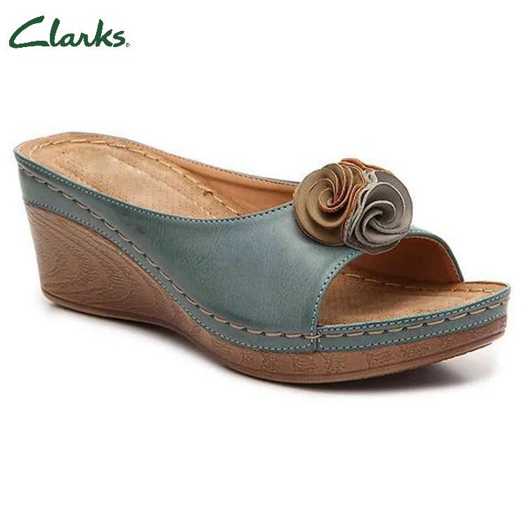 😍Ultimo giorno 50% DI SCONTO😍-Sandali da donna con zeppa comodi in pelle tinta unita con cinturino a fiori