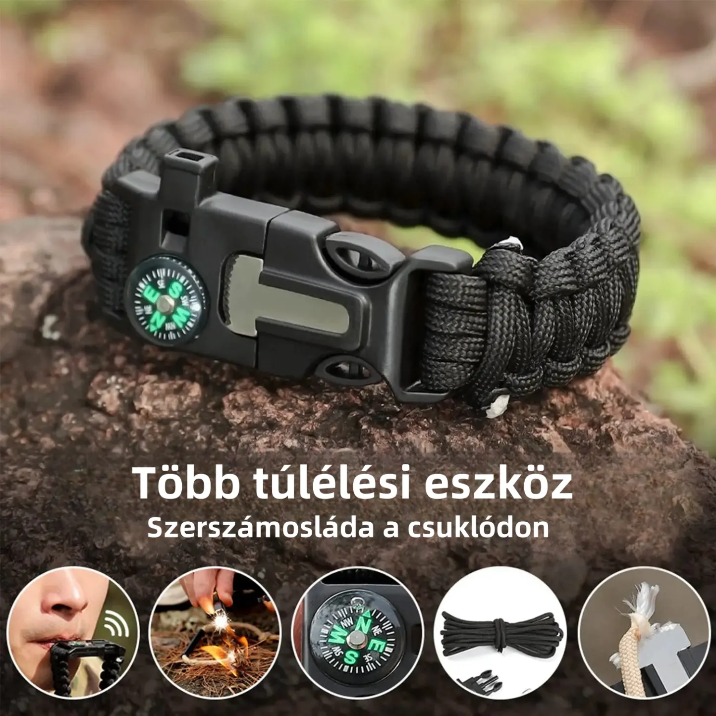 Paracord karkötő - Állítható - Öngyújtó - Erőteljes síp - Kiváló túrázáshoz, kempingezéshez, horgászathoz és vadászathoz