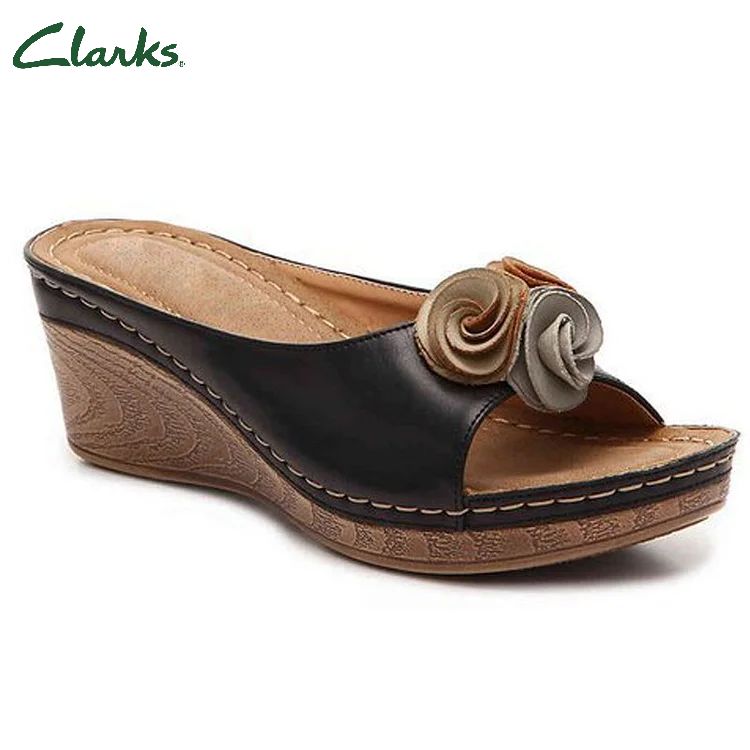 😍Ultimo giorno 50% DI SCONTO😍-Sandali da donna con zeppa comodi in pelle tinta unita con cinturino a fiori