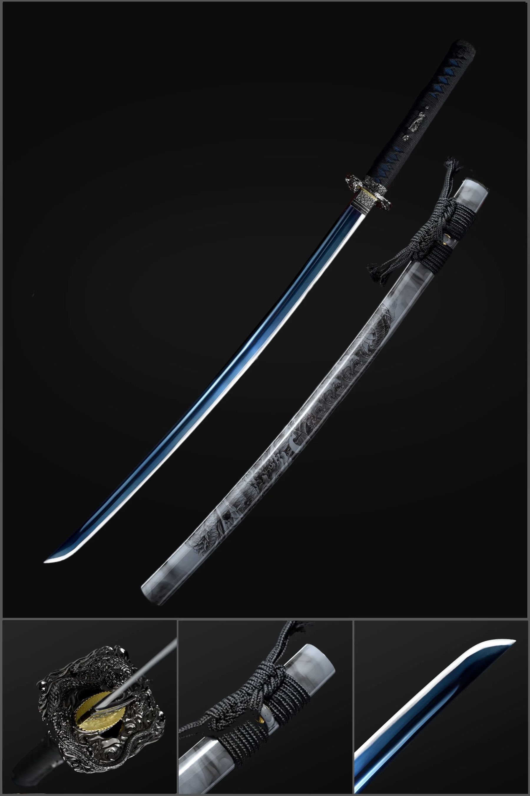 Kézzel készített japán szamuráj katana, sárkánykard kék penge Bo-hi 1060 szénacél agyag edzett sárkánymintás illesztéssel