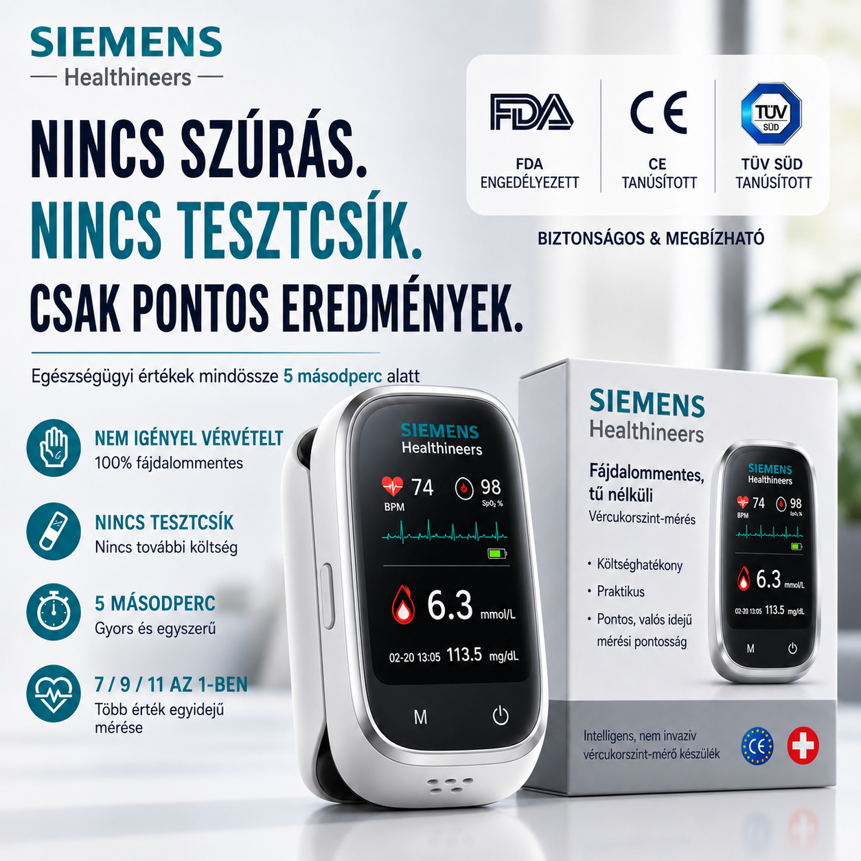 🩸 Siemens™ 11 az 1-ben szúrásmentes vércukormérő Szúrás nélkül • Tesztcsíkok nélkül • Eredmény mindössze 5 másodperc alatt