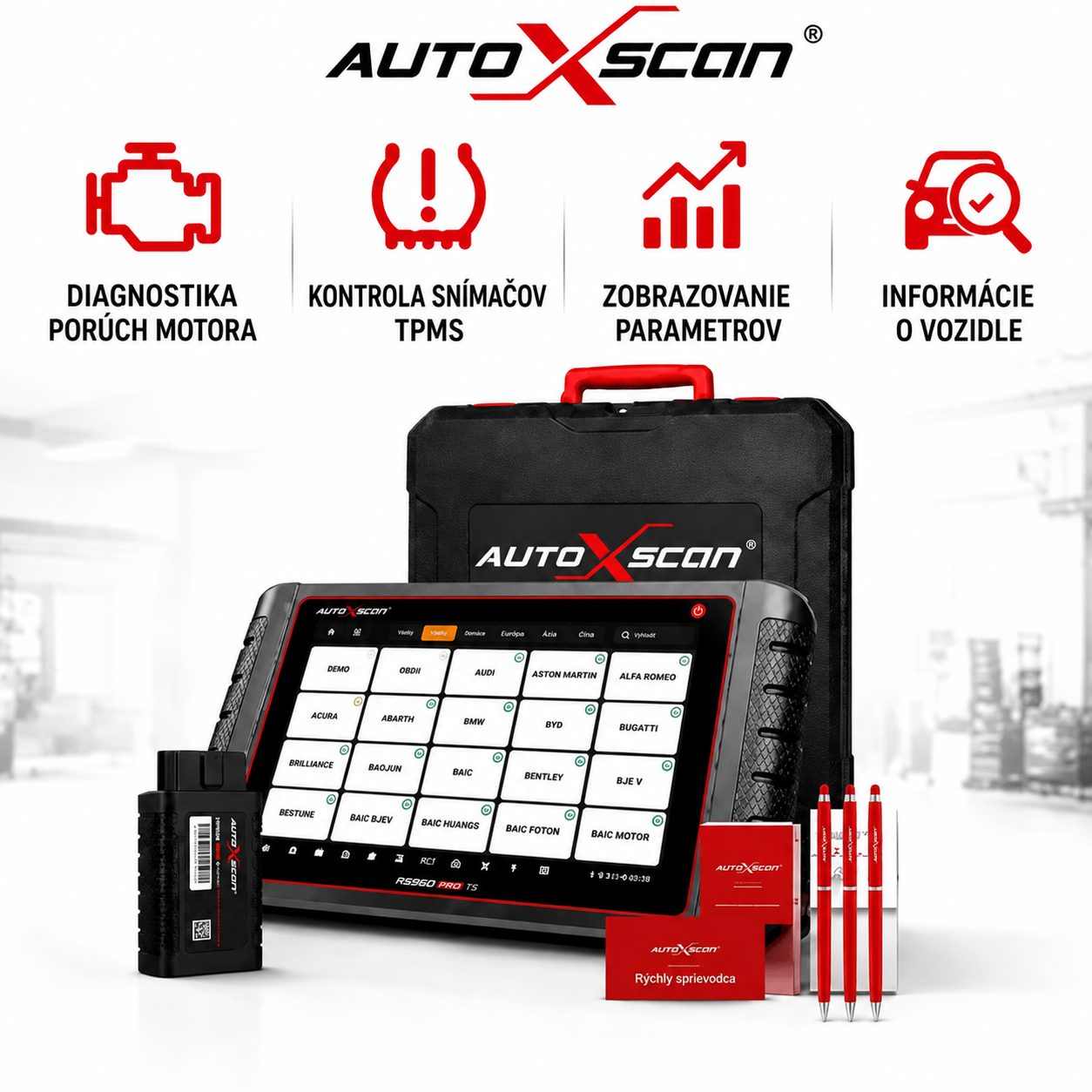 AUTOXSCAN RS960 PRO – Profesionálny automobilový diagnostický systém s kompletnou diagnostikou všetkých systémov, pokročilou analýzou porúch a diagnostikou a programovaním TPMS pre rýchlu a presnú identifikáciu problémov vozidla