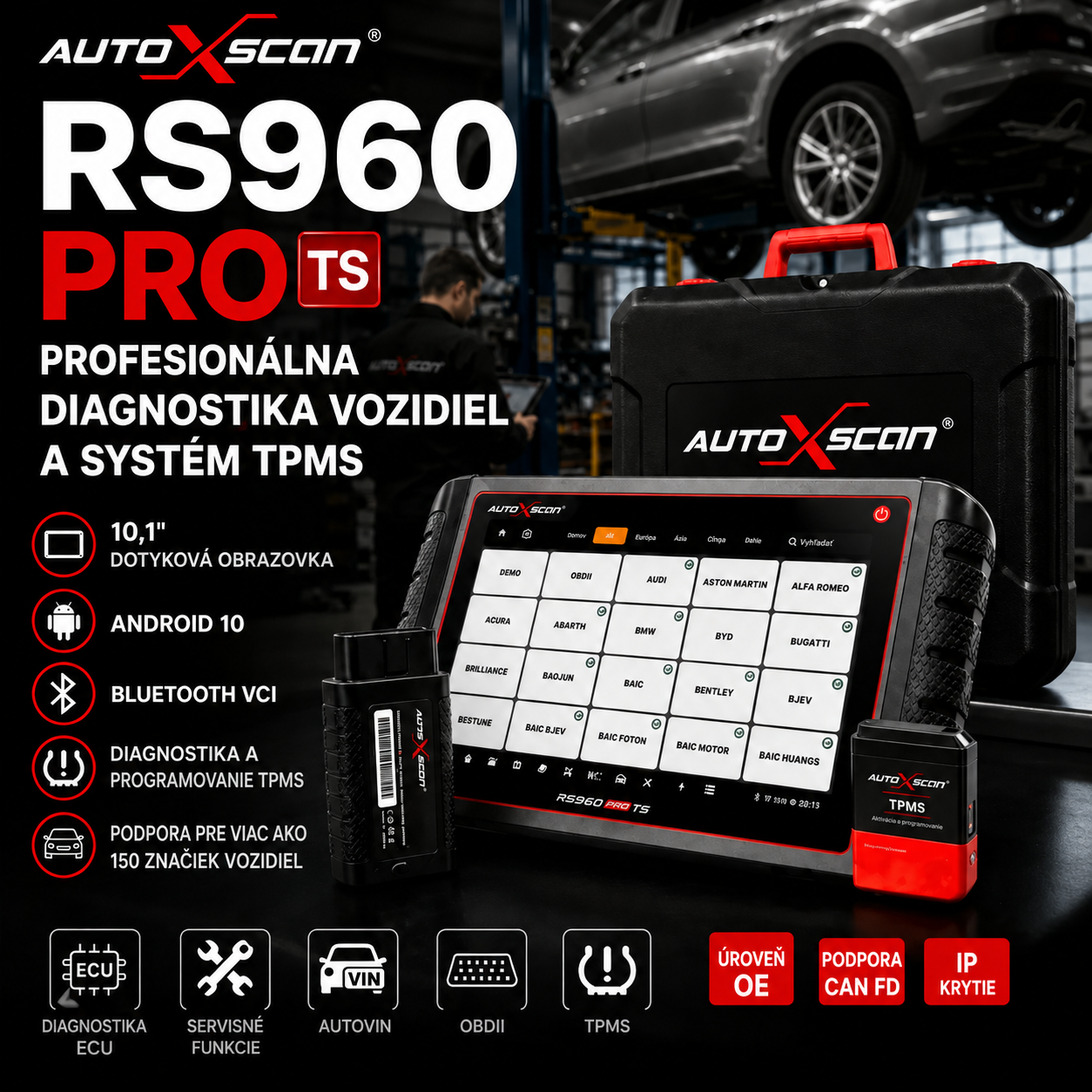 AUTOXSCAN RS960 PRO – Profesionálny automobilový diagnostický systém s kompletnou diagnostikou všetkých systémov, pokročilou analýzou porúch a diagnostikou a programovaním TPMS pre rýchlu a presnú identifikáciu problémov vozidla
