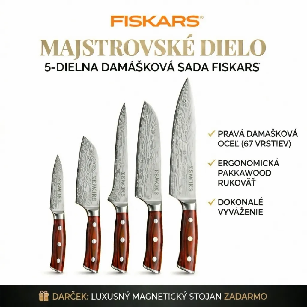 Luxusná 5-dielna sada nožov FISKARS z pravej damaškovej ocele + Stojan ZADARMO