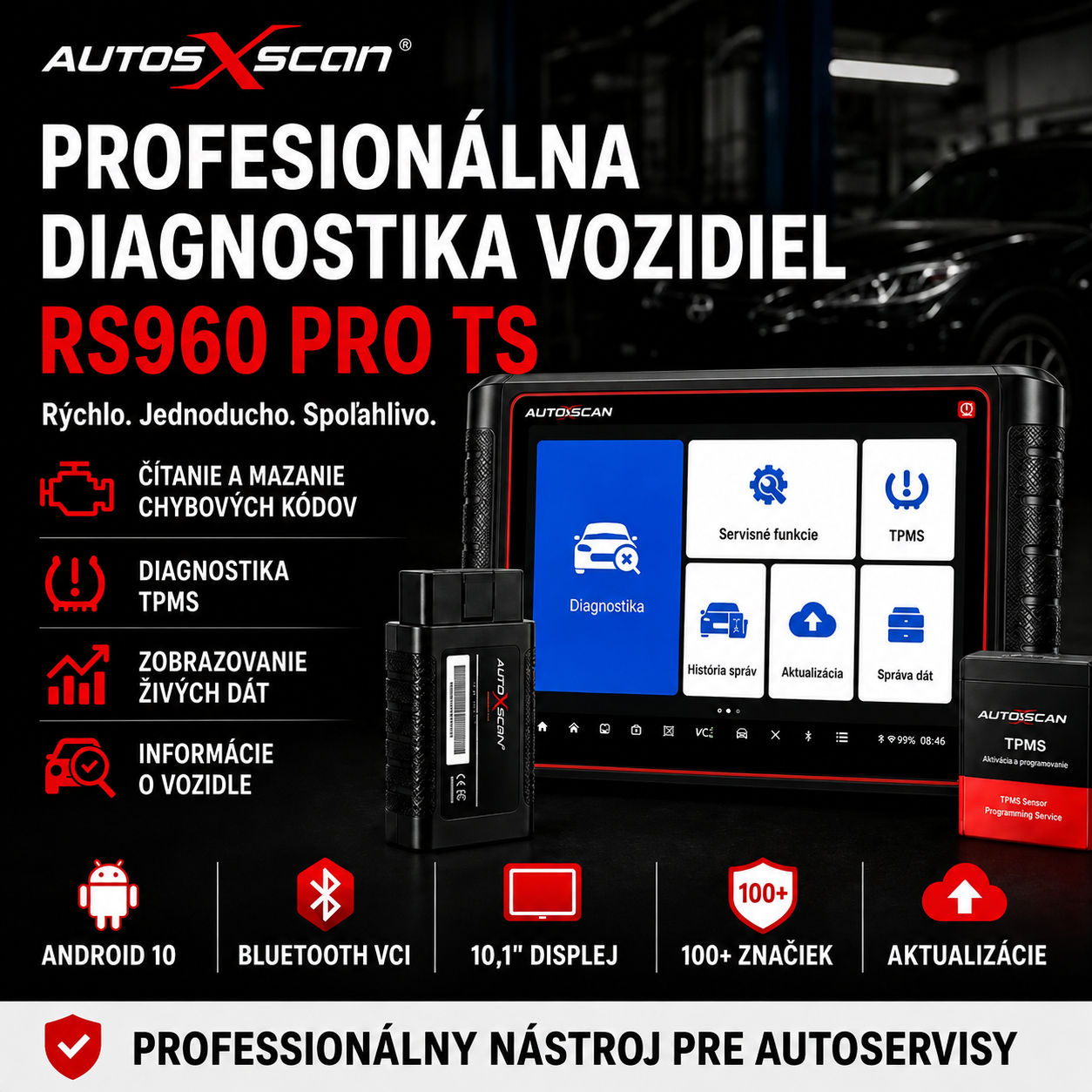 AUTOXSCAN RS960 PRO – Profesionálny automobilový diagnostický systém s kompletnou diagnostikou všetkých systémov, pokročilou analýzou porúch a diagnostikou a programovaním TPMS pre rýchlu a presnú identifikáciu problémov vozidla