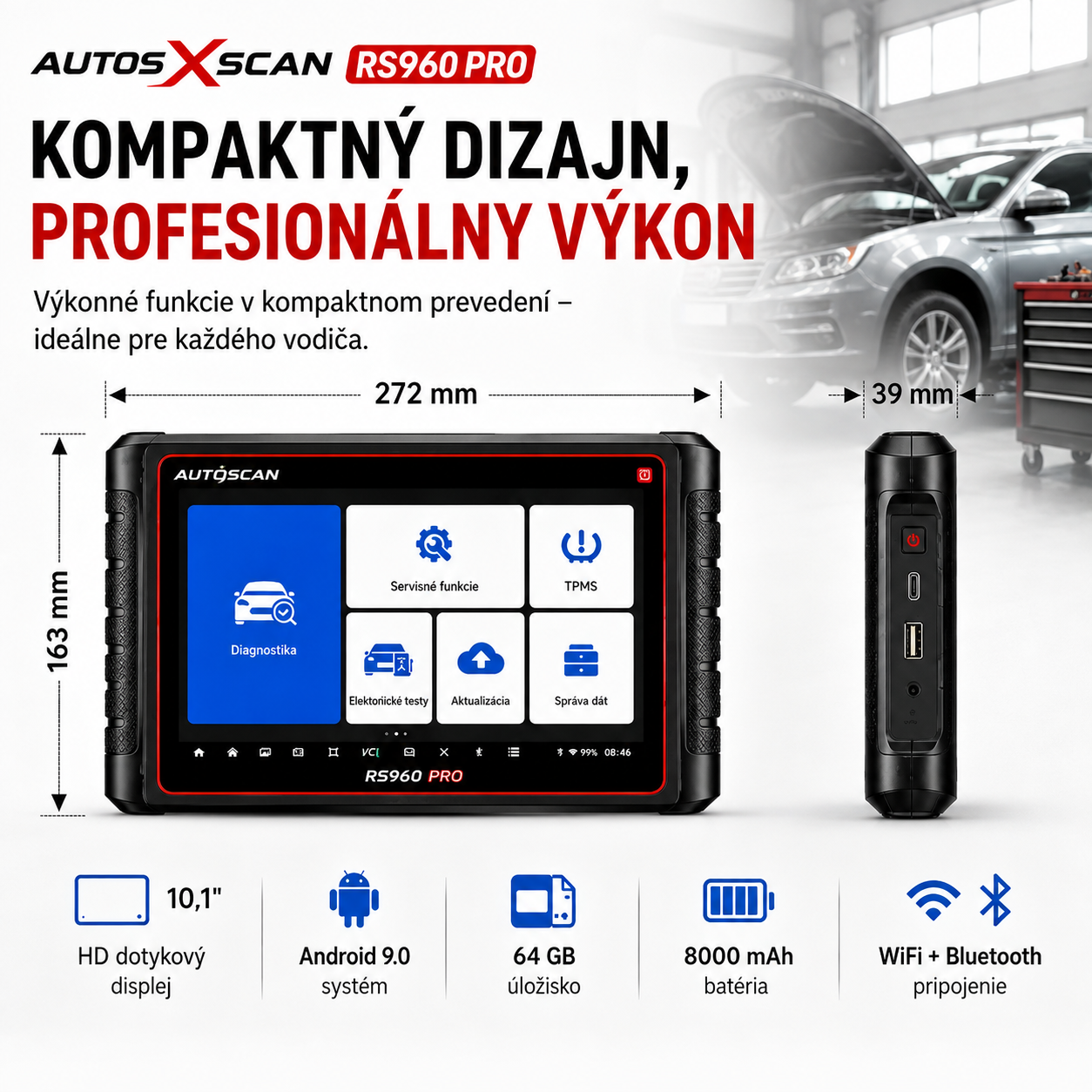 AUTOXSCAN RS960 PRO – Profesionálny automobilový diagnostický systém s kompletnou diagnostikou všetkých systémov, pokročilou analýzou porúch a diagnostikou a programovaním TPMS pre rýchlu a presnú identifikáciu problémov vozidla