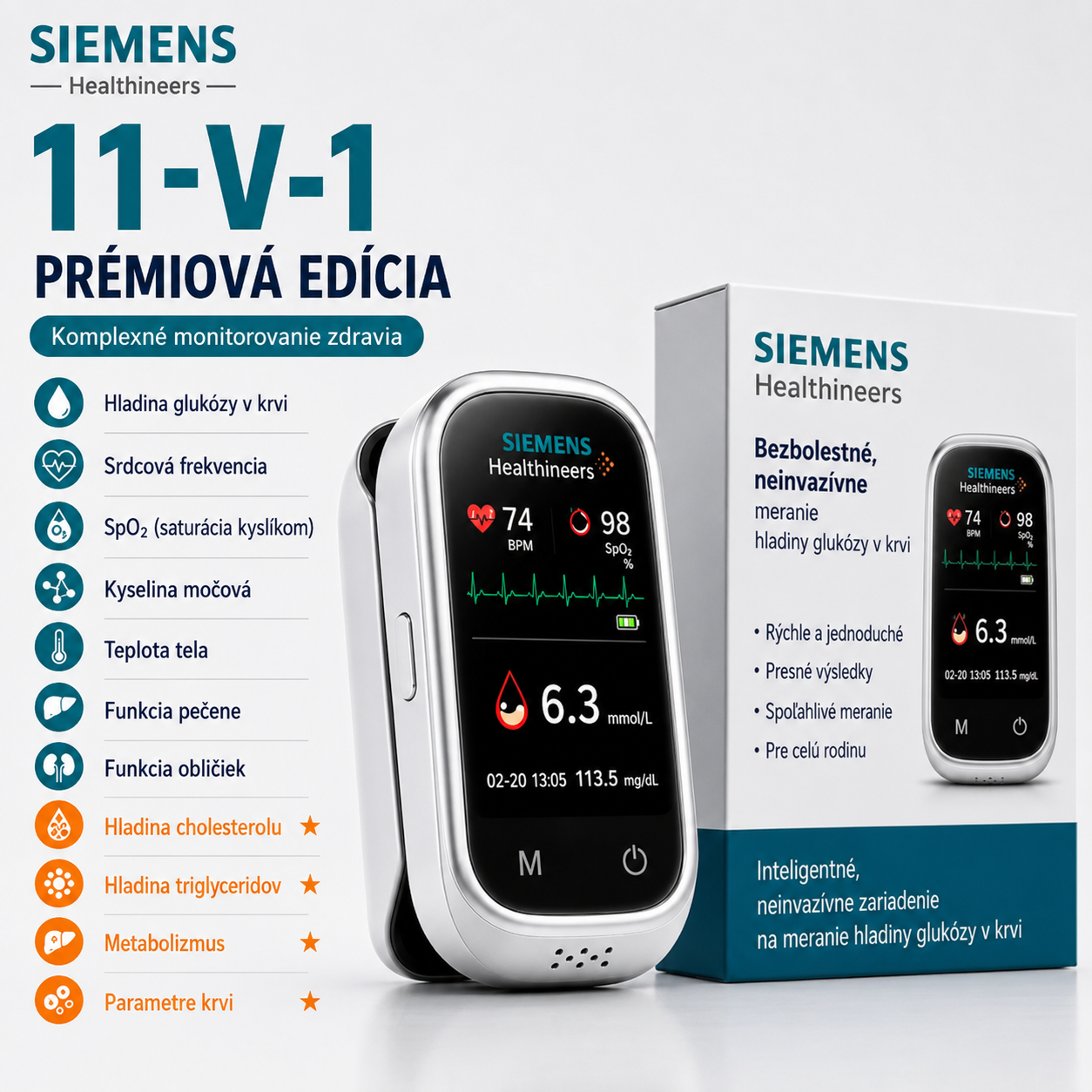 🩸 Siemens™ 11-v-1 inteligentný glukomer bez pichania Bez odberu krvi • Bez testovacích prúžkov • Výsledok za 5 sekúnd