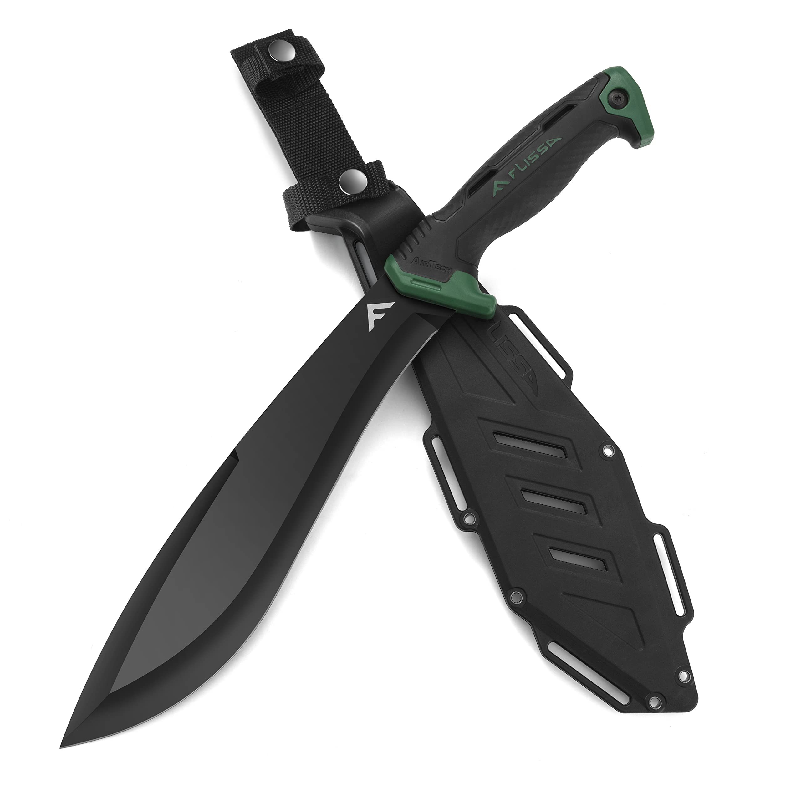 FLISSA Machete, 11-Inch Fixed Blade Camping Knife, Patented Shock-Absorbing Air Technology Handle, Ideal for Gardening, Forestry, and Outdoors, Includes Molded Sheath