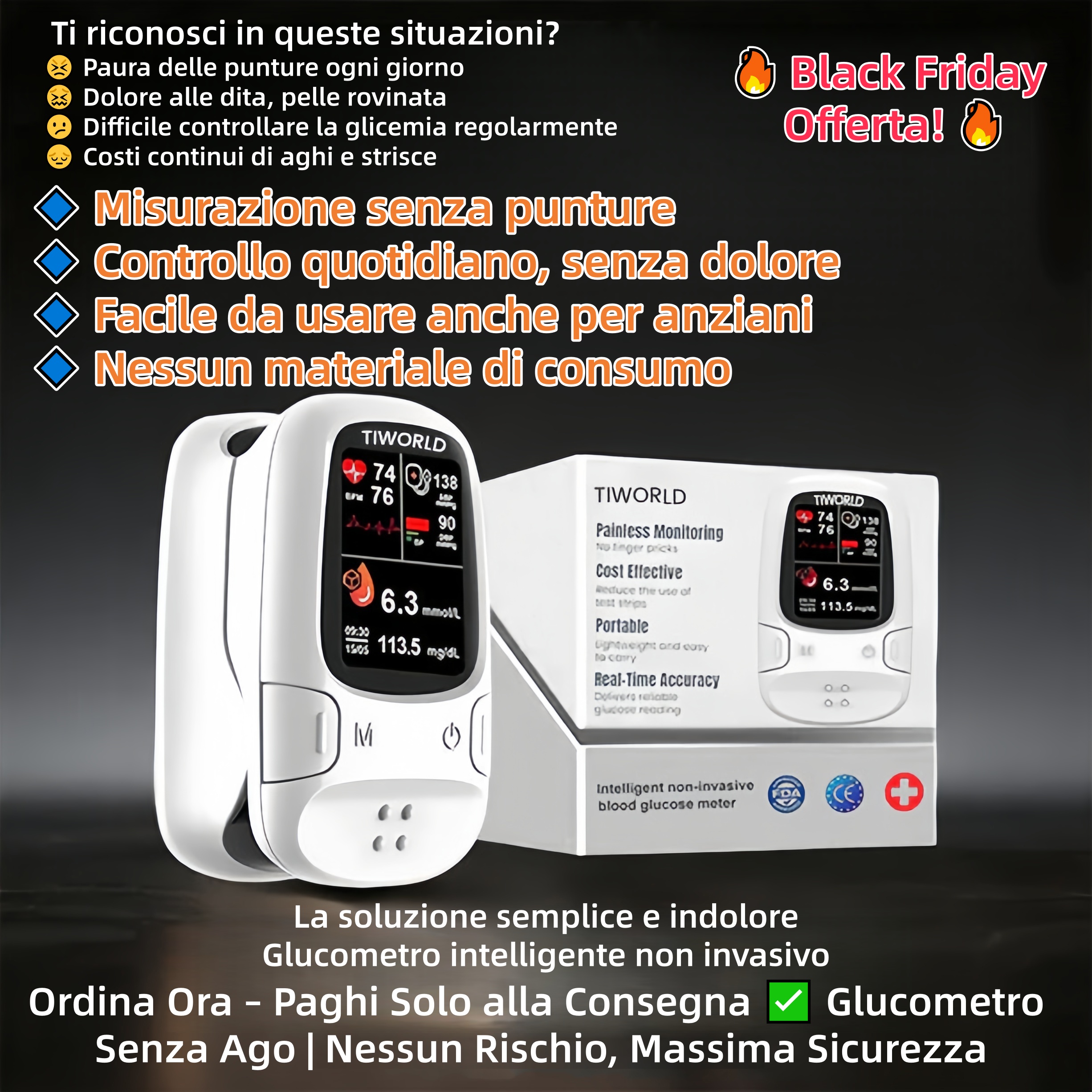 Black Friday 🔥 Glucometro Non Invasivo – Controllo Facile e Sicuro | Pagamento alla Consegna