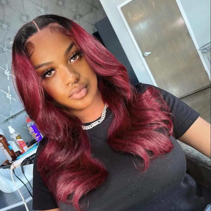 YMS Ombre 1b 99j Lace Front Wigs Human Hair Colored Glueless Human Hair Body Wave Wigs Natural Hairline with Baby Hair