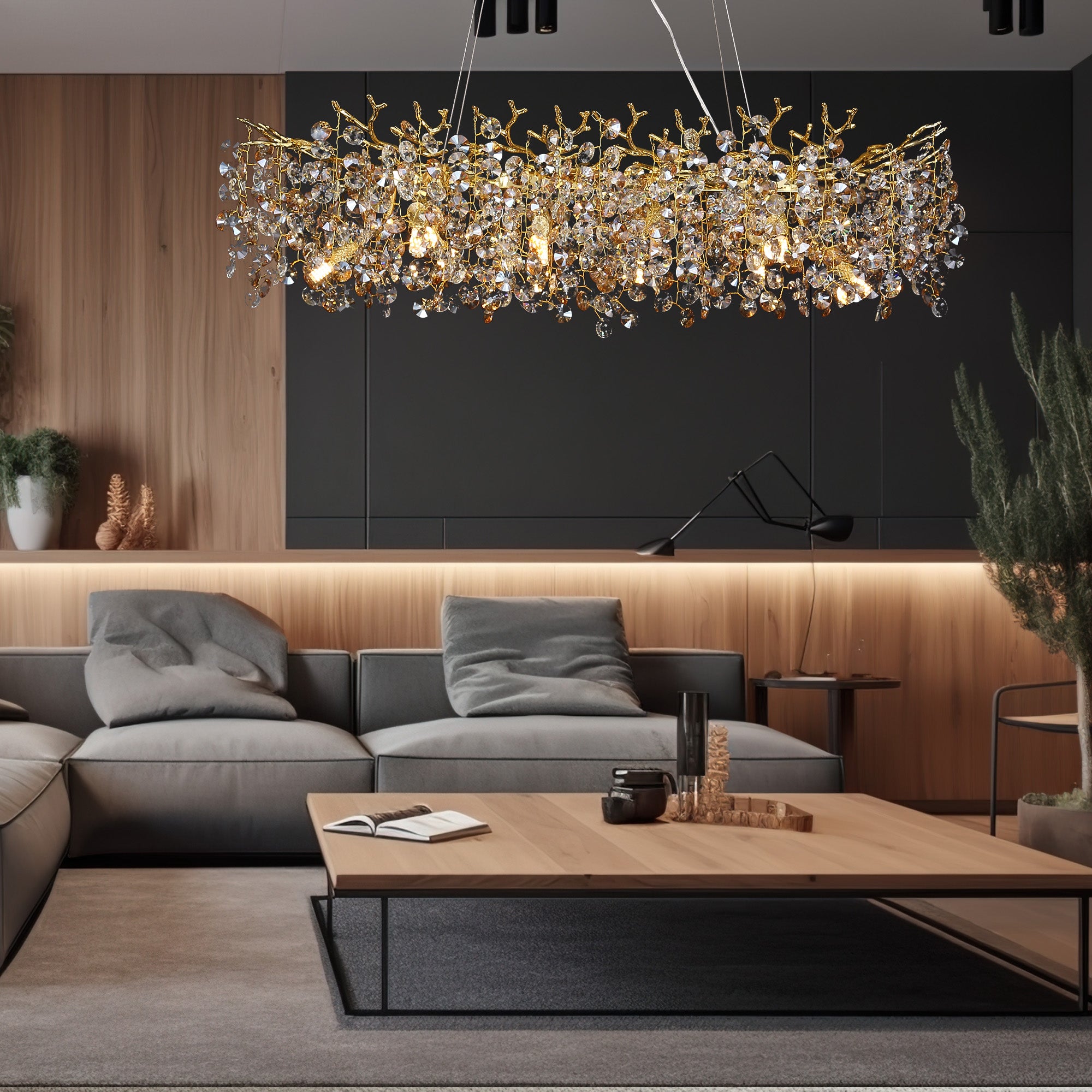 Isidora Modern Crystal Round Gold Branch Chandelier, Luxury Chandelier Living Room