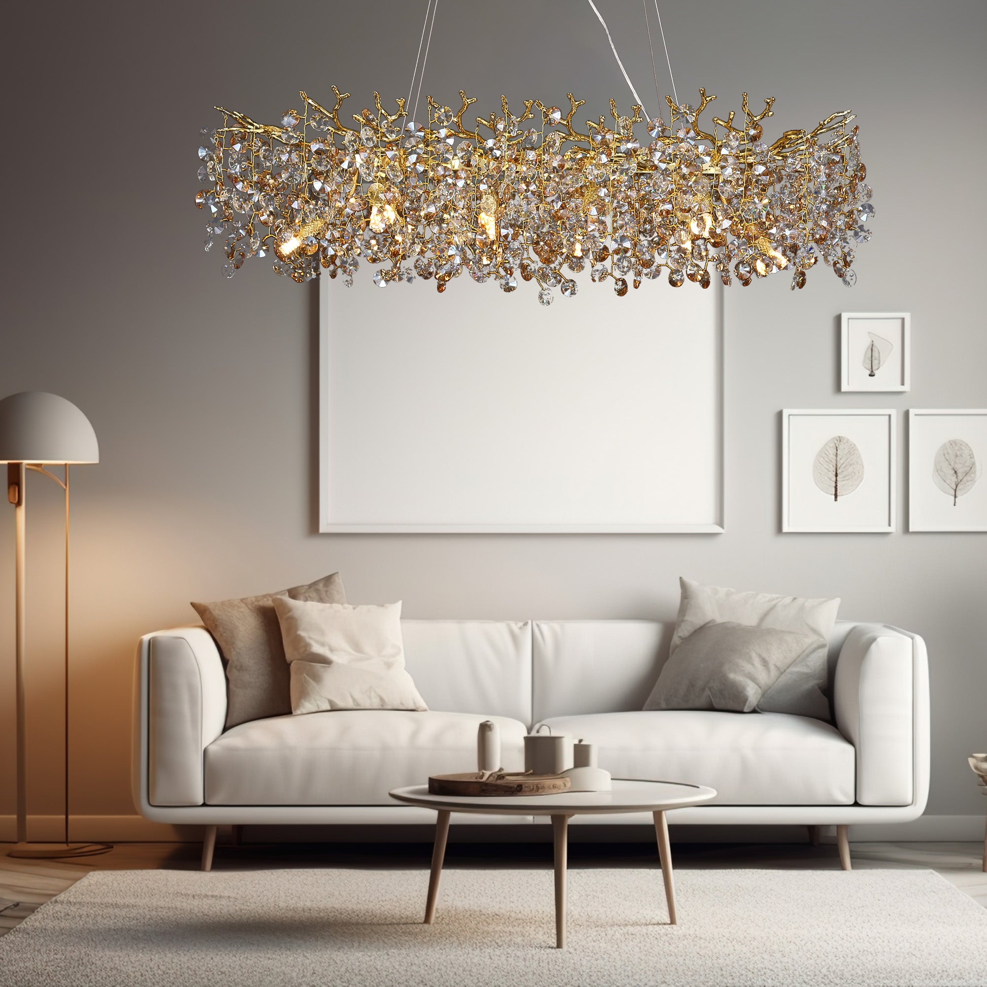 Isidora Modern Crystal Round Gold Branch Chandelier, Luxury Chandelier Living Room