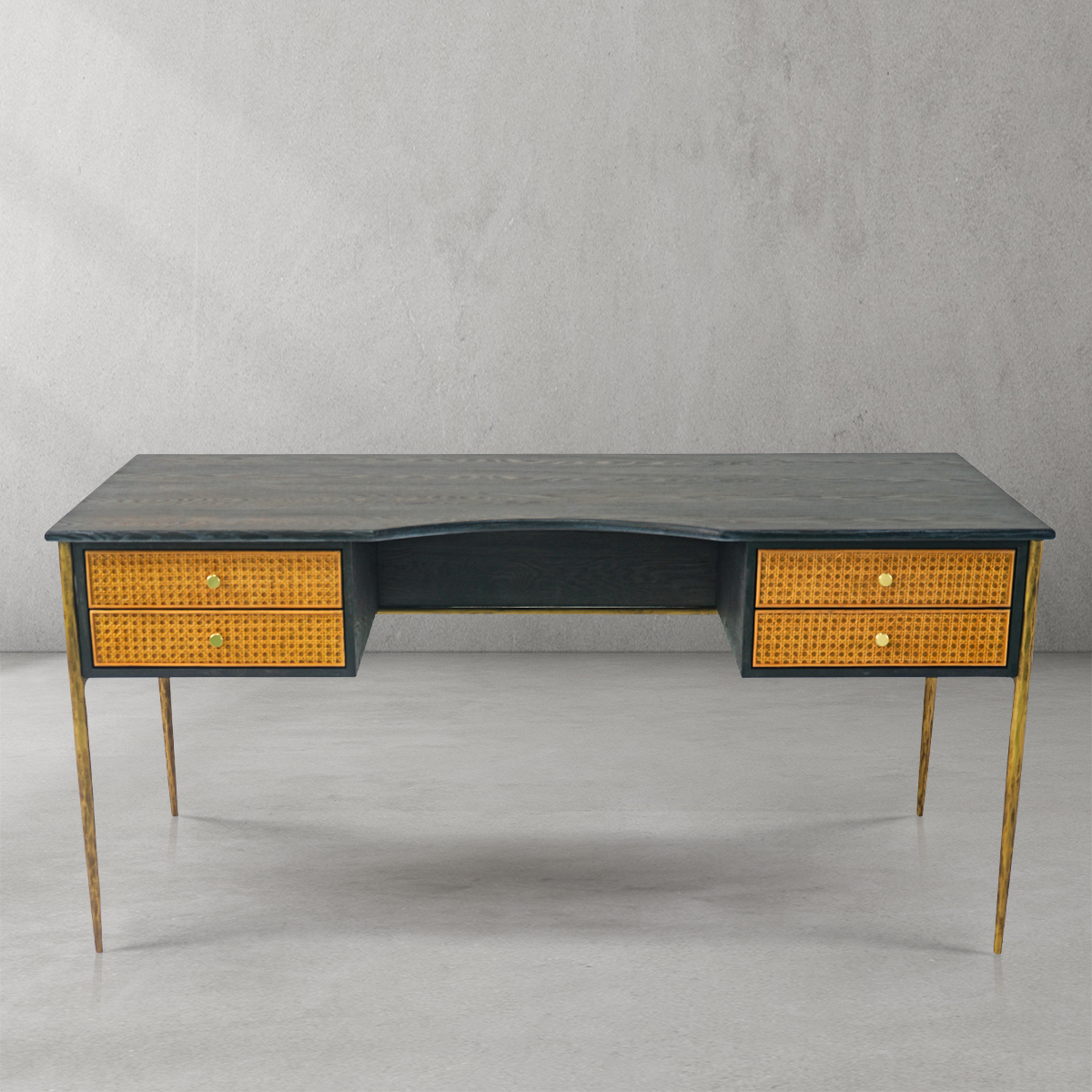 Thaddeus Retro Brass Iron Frame Rattan Desk