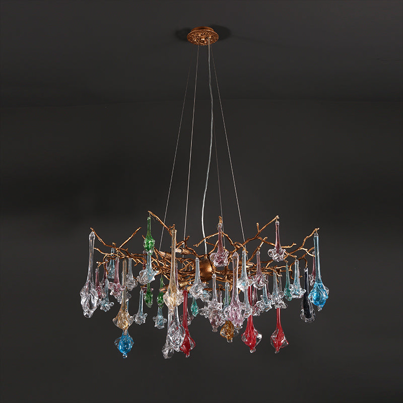 Colored Glass Drop Rose Round Chandelier