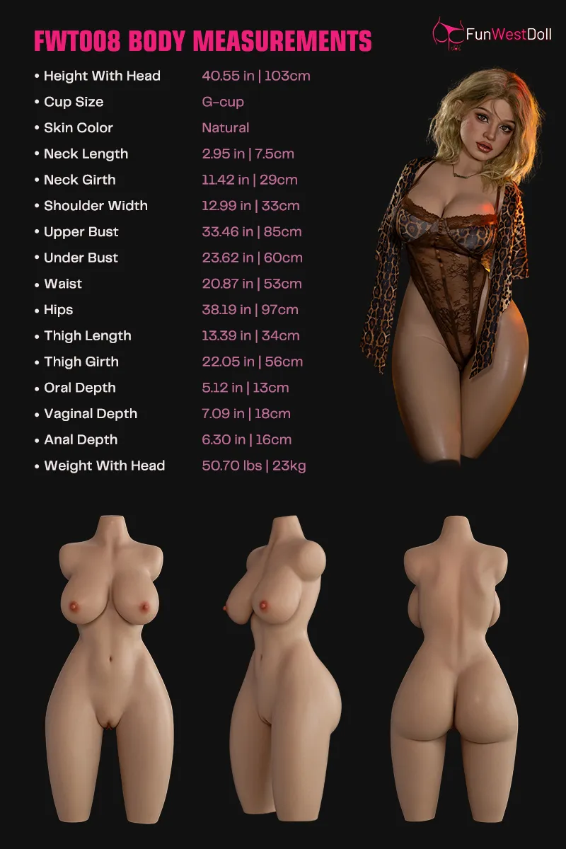 FUNWEST® Lyra 103cm (3ft5) 054S# G Breasts Alluring Wild Blonde Freckled Beauty Silicone Sex Doll Torso for Men