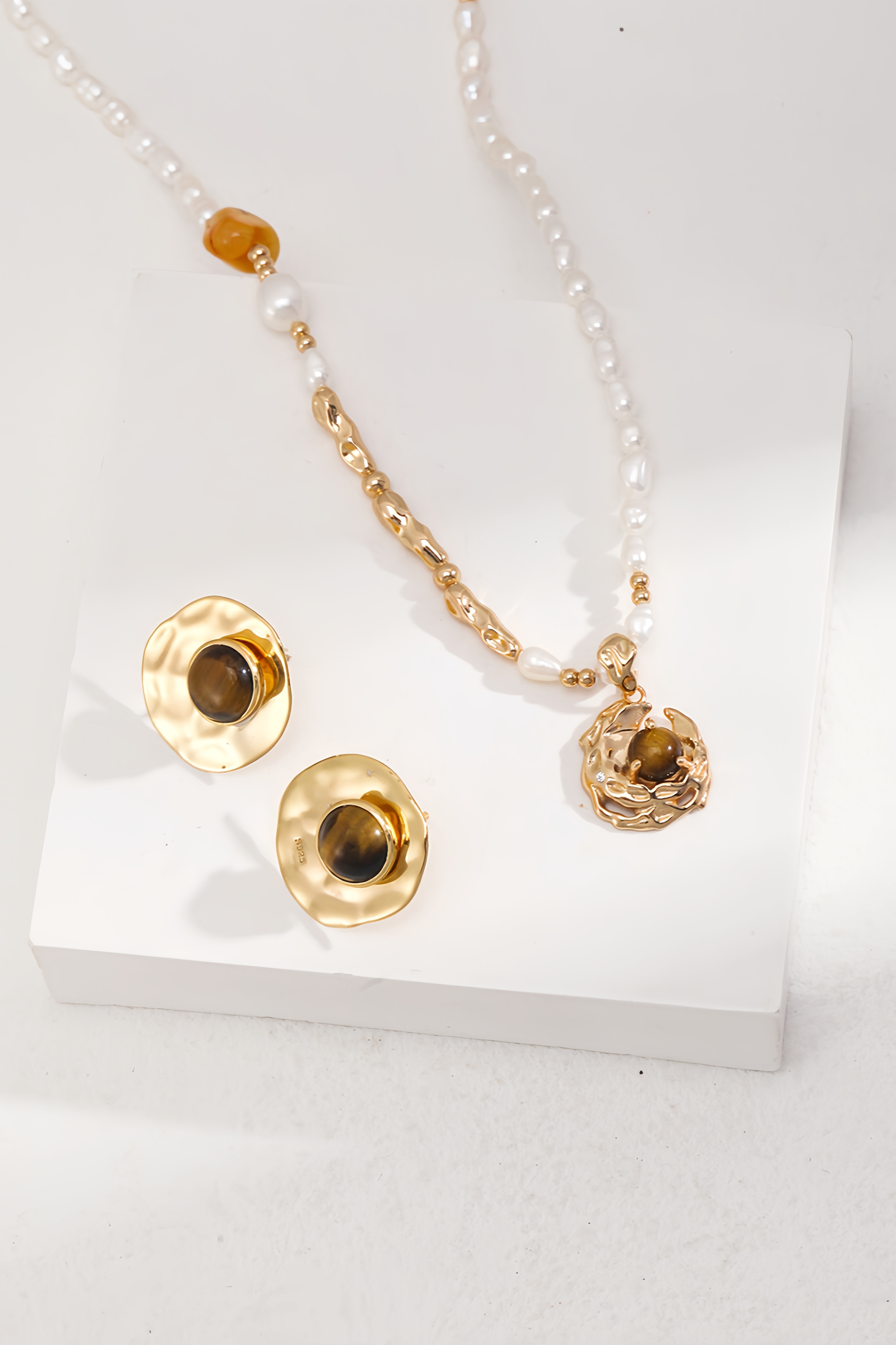 18K S925 sterling silver tiger eye stone fashion temperament earrings necklace