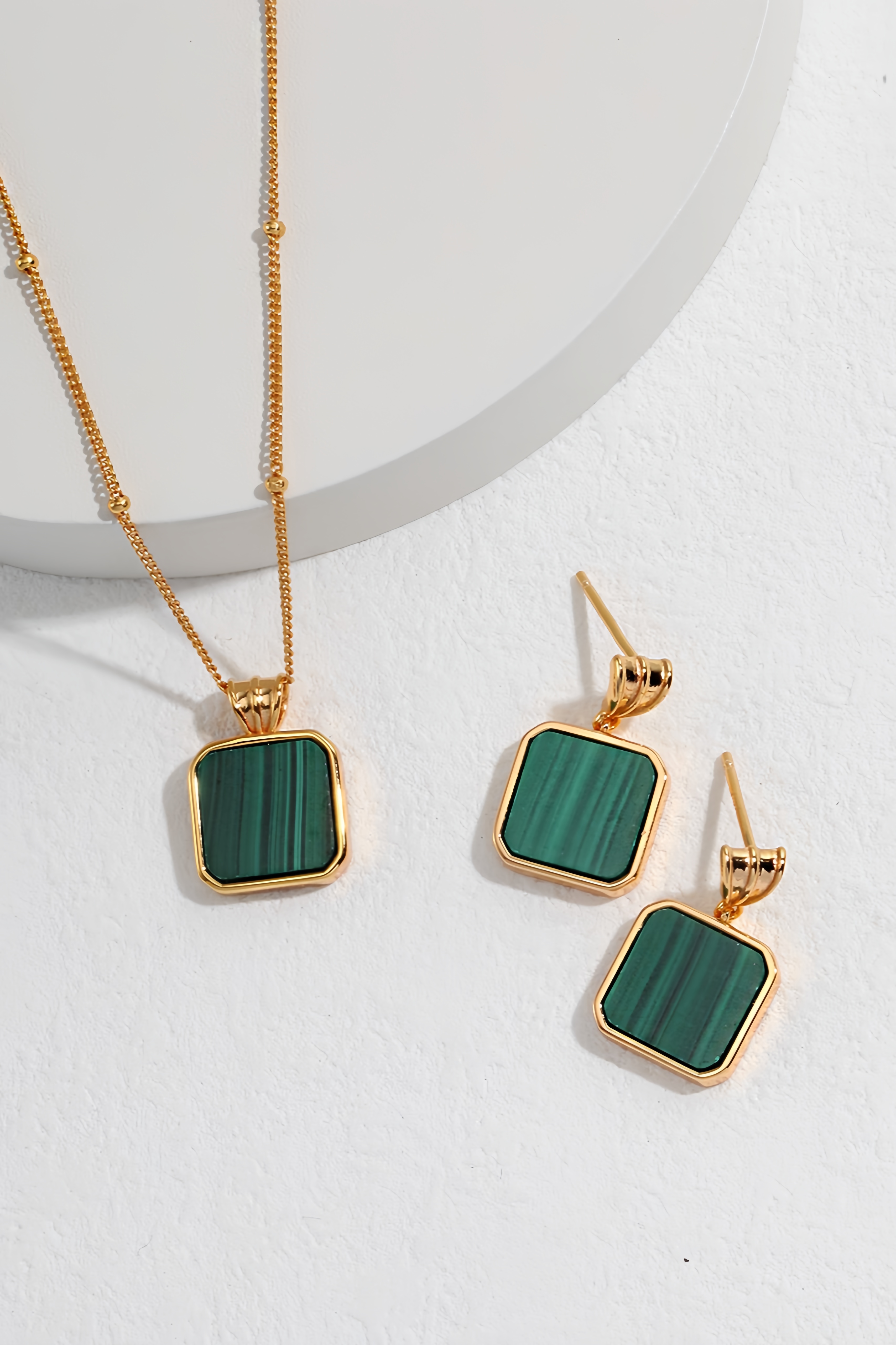 18K S925 Sterling Silver Premium Malachite Earrings Necklace