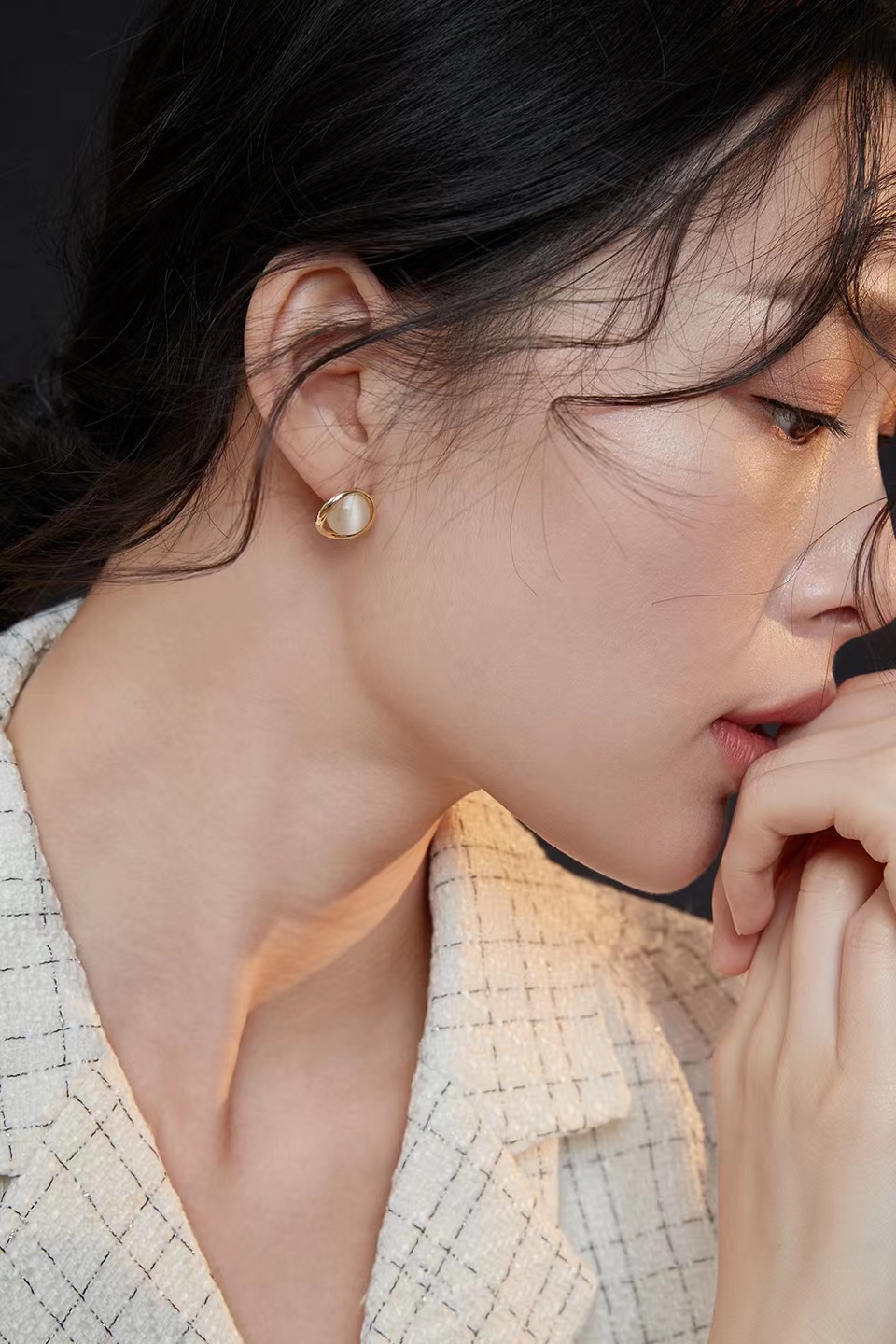 18K S925 sterling silver cat's eye stone temperament earrings