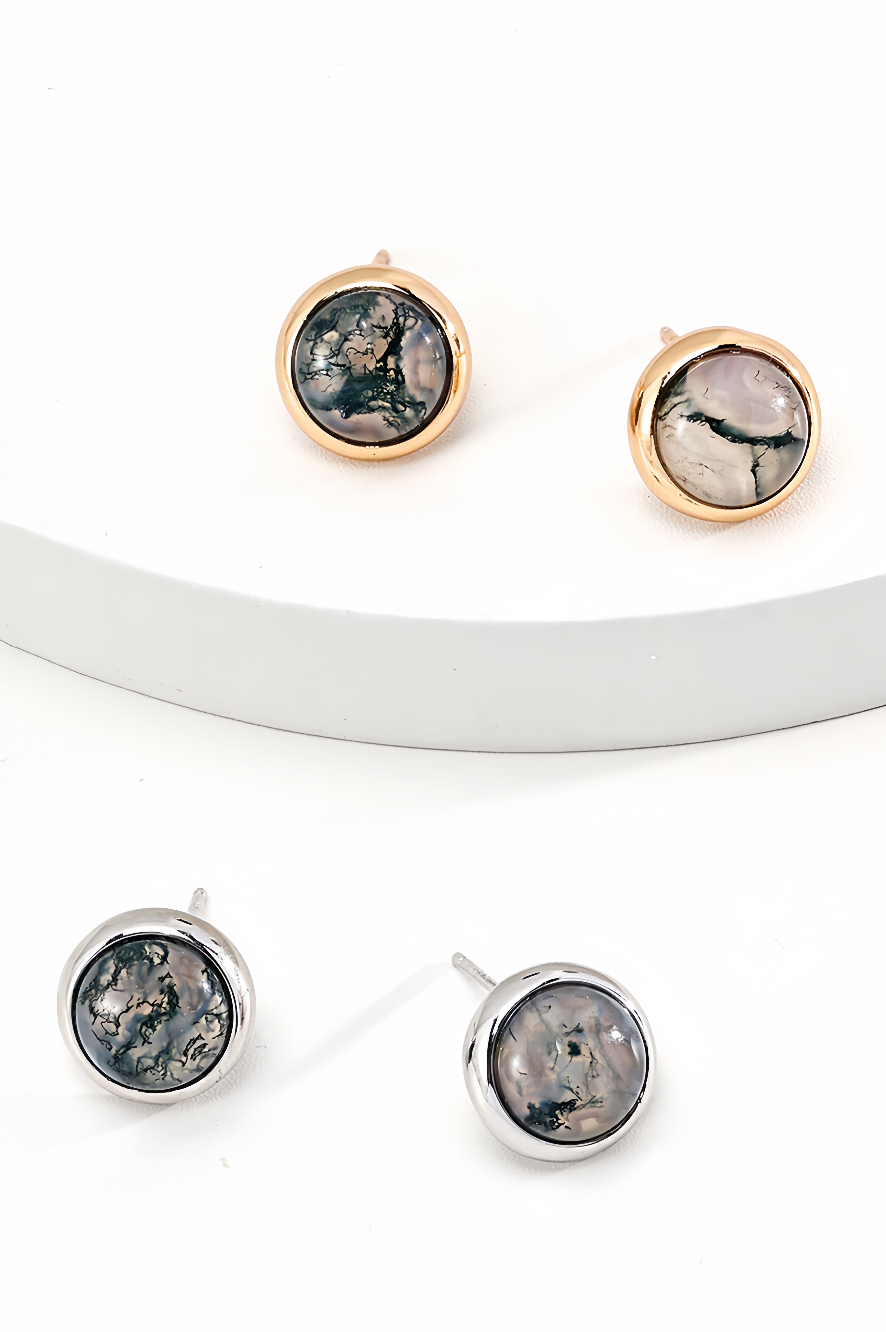 18K S925 Sterling Silver Fashion Elegant Watercress Agate Ring Earrings