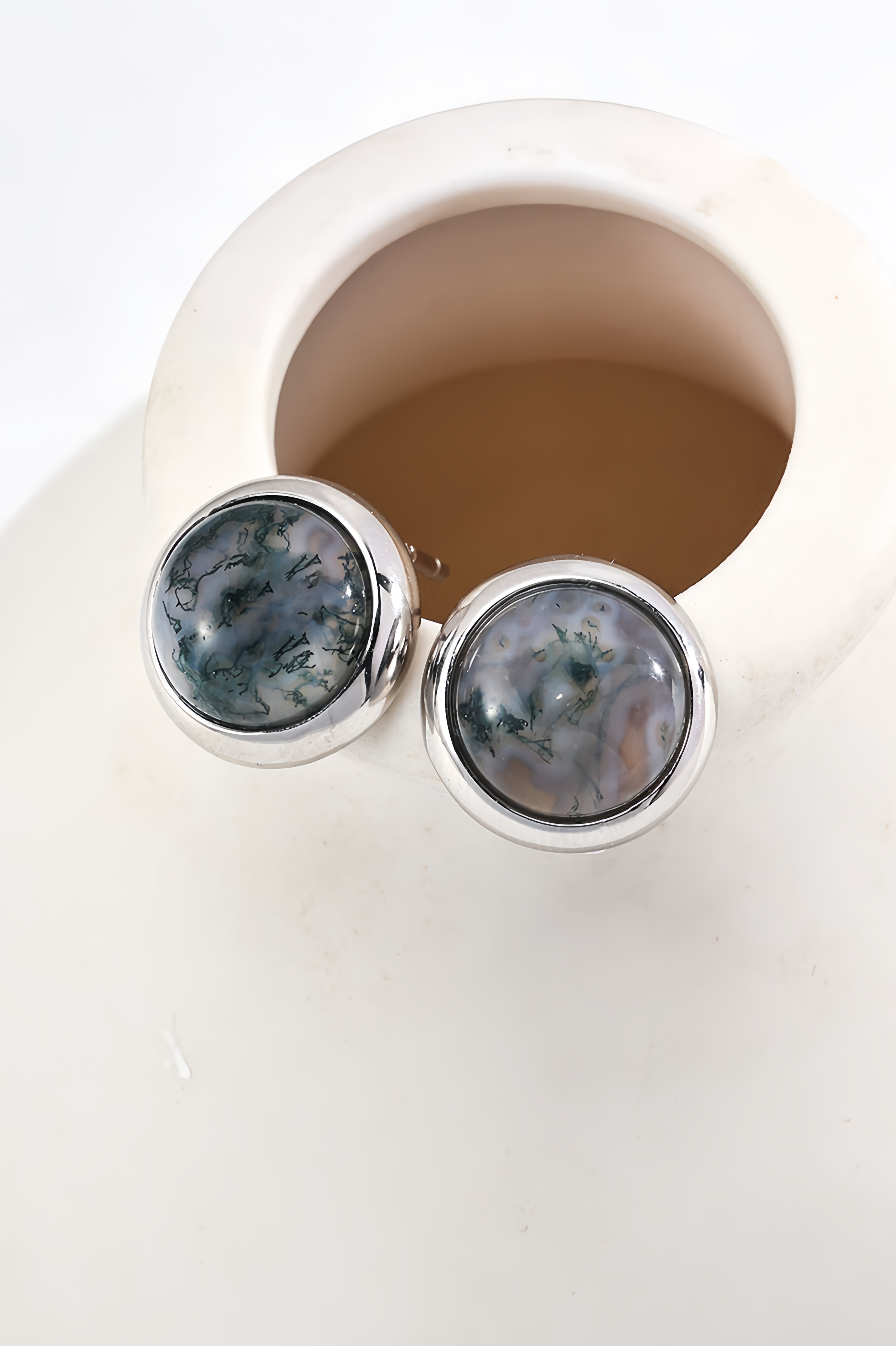 18K S925 Sterling Silver Fashion Elegant Watercress Agate Ring Earrings