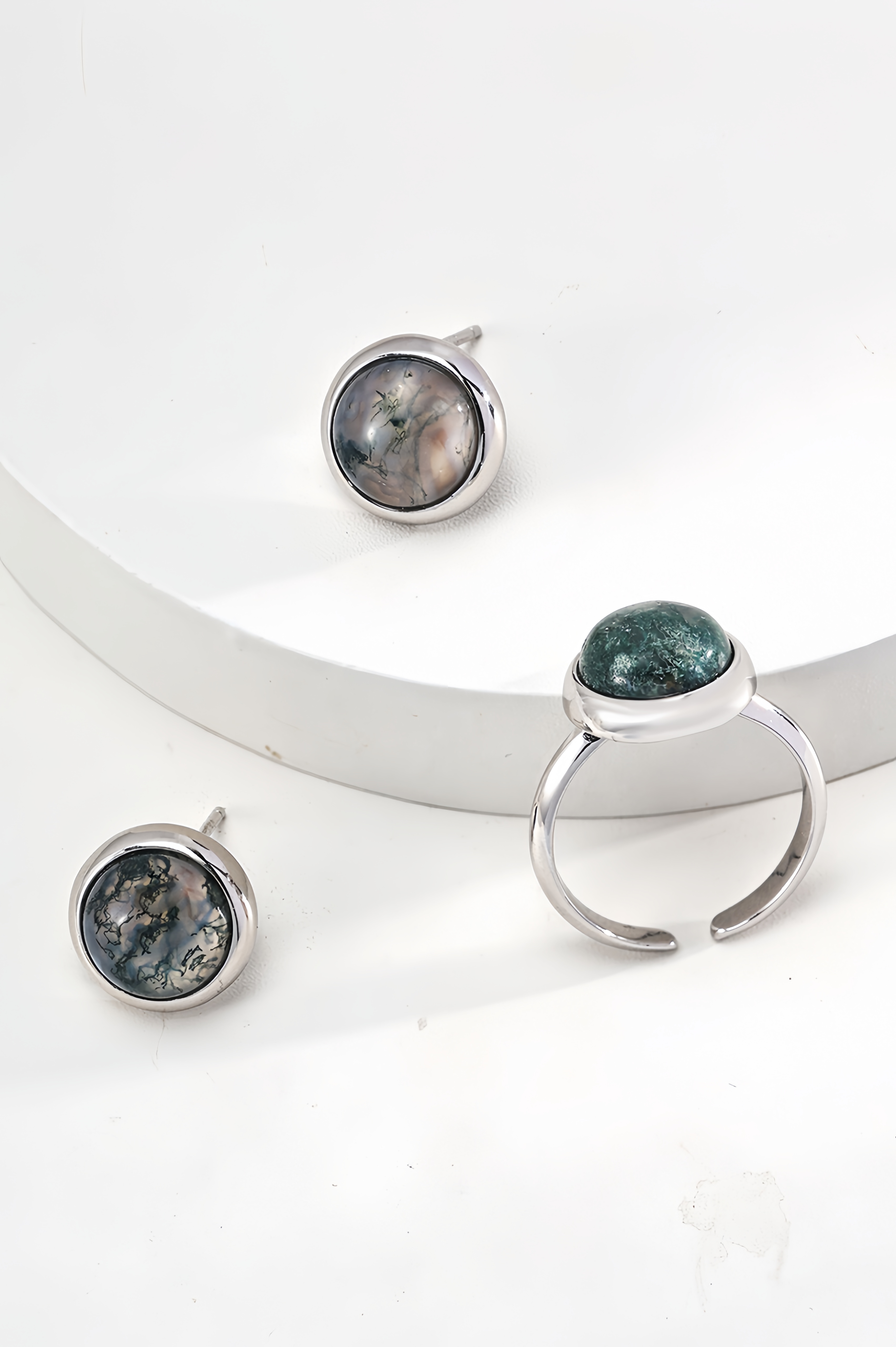 18K S925 Sterling Silver Fashion Elegant Watercress Agate Ring Earrings