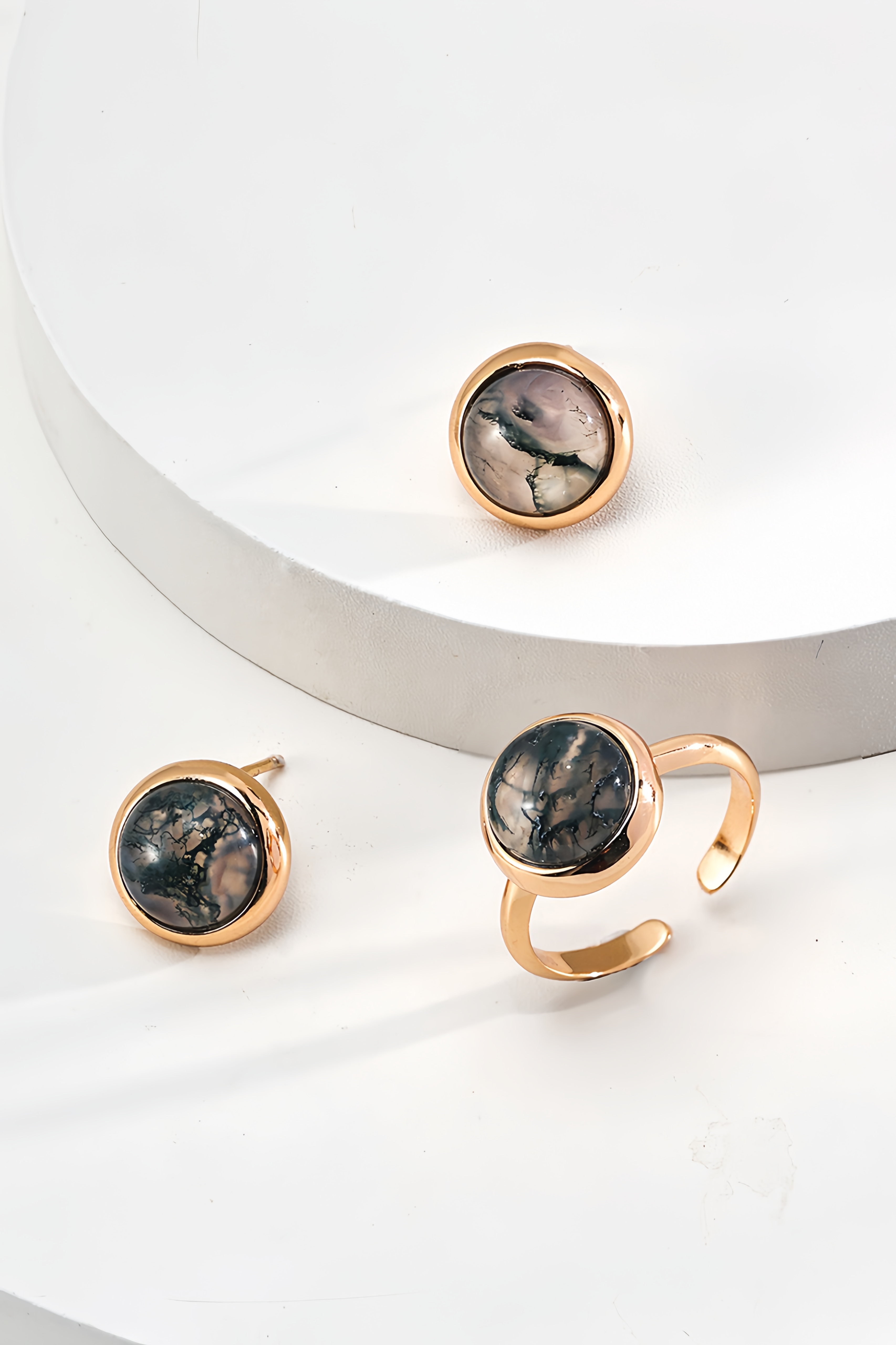 18K S925 Sterling Silver Fashion Elegant Watercress Agate Ring Earrings