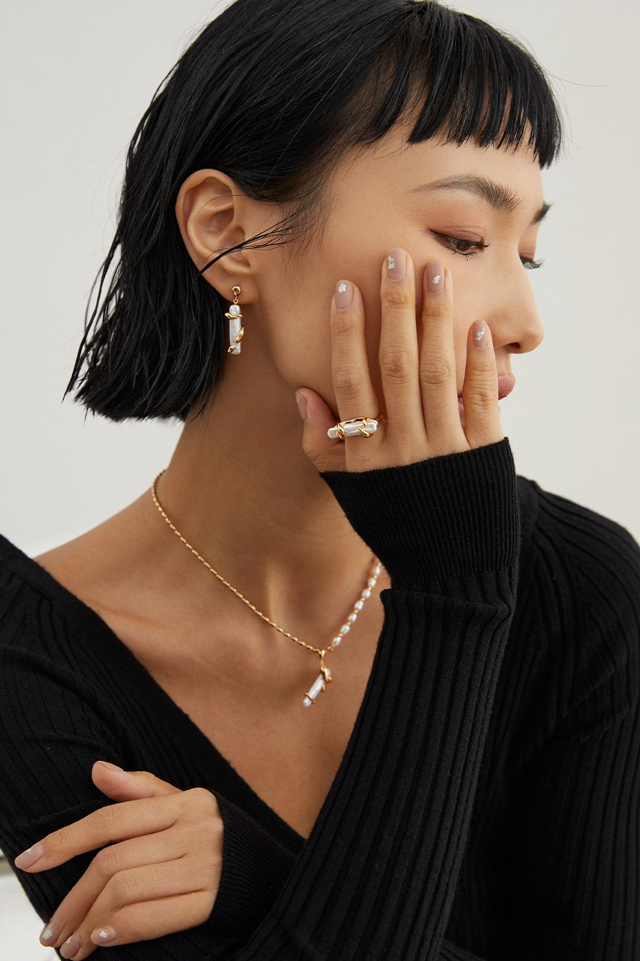 18K S925 sterling silver fashion romantic personality pearl earrings necklace ring