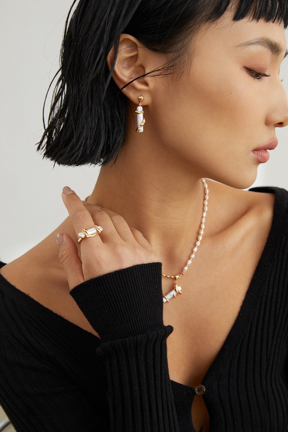 18K S925 sterling silver fashion romantic personality pearl earrings necklace ring