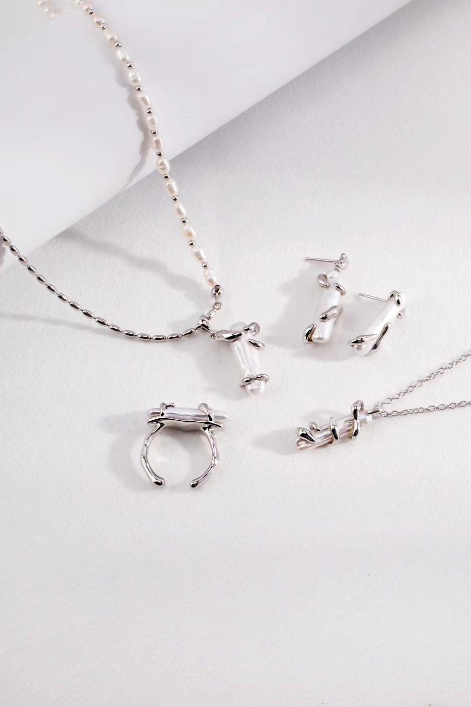 18K S925 sterling silver fashion romantic personality pearl earrings necklace ring