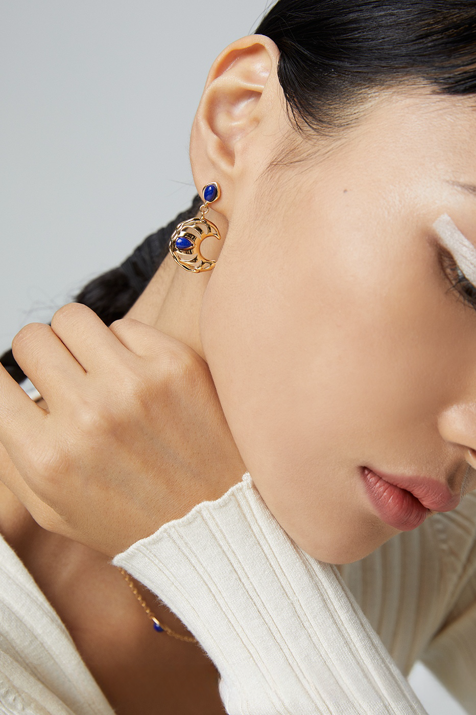 18K S925 Sterling Silver Fashion Simple Peplum Earrings Necklace Bracelet Lapis Lazuli Series