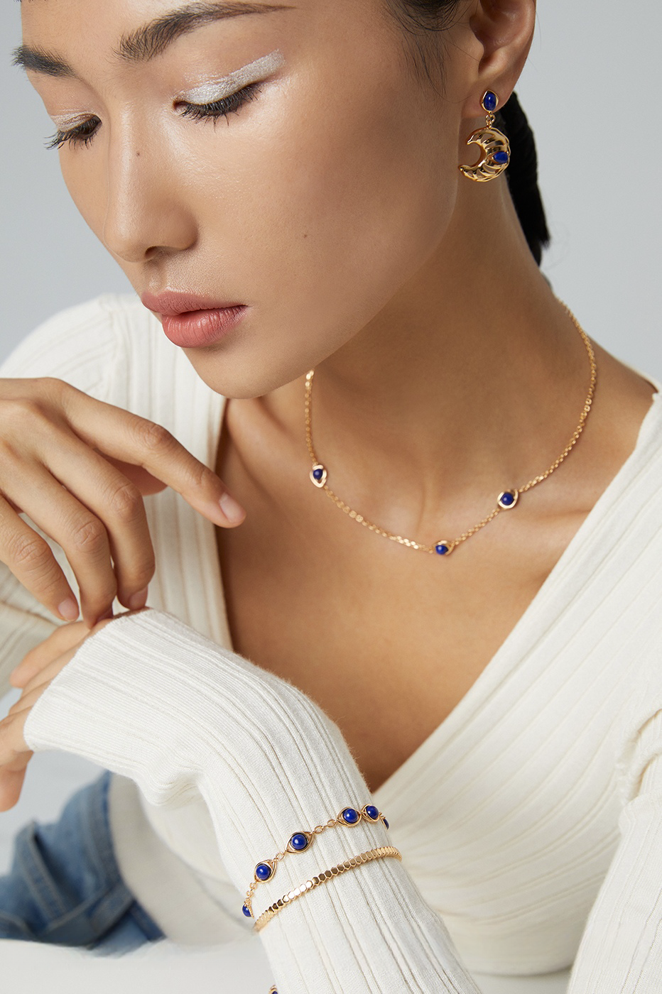 18K S925 Sterling Silver Fashion Simple Peplum Earrings Necklace Bracelet Lapis Lazuli Series