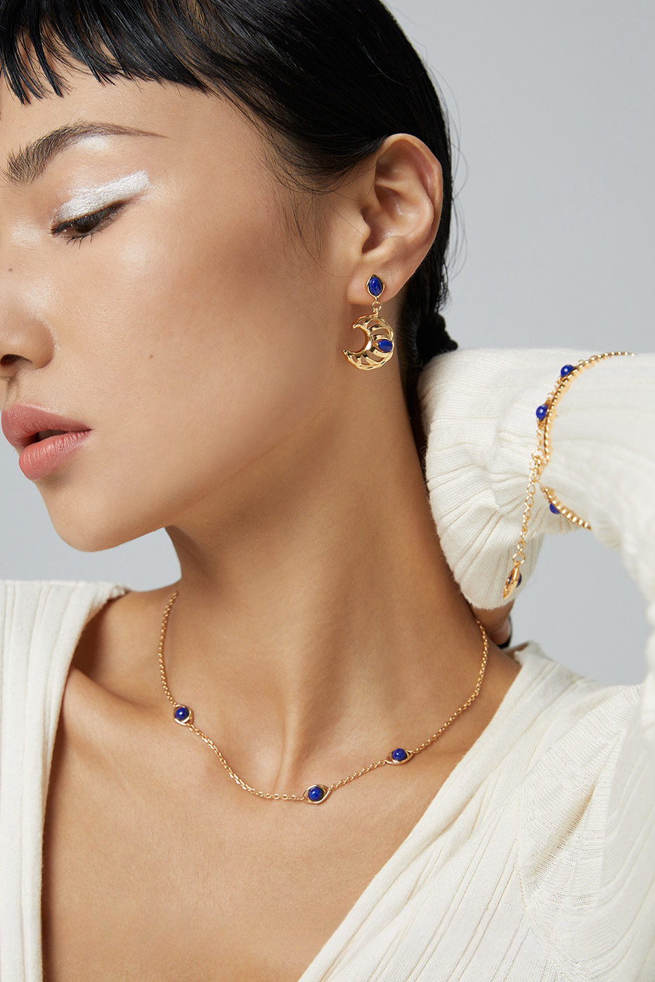 18K S925 Sterling Silver Fashion Simple Peplum Earrings Necklace Bracelet Lapis Lazuli Series