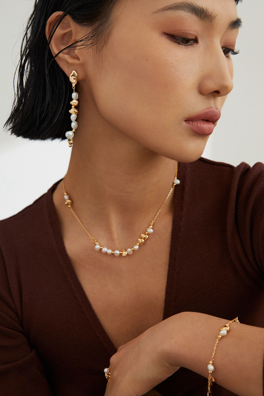 18K S925 Sterling Silver Fashion Elegant Personalized Pearl Earrings Bracelet Necklace Ring Series