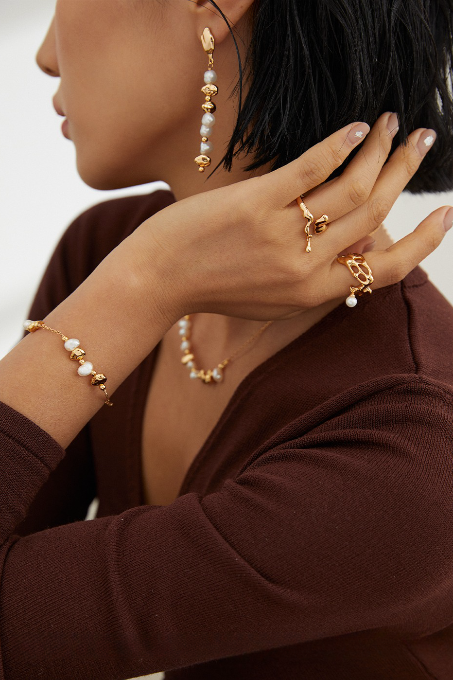 18K S925 Sterling Silver Fashion Elegant Personalized Pearl Earrings Bracelet Necklace Ring Series