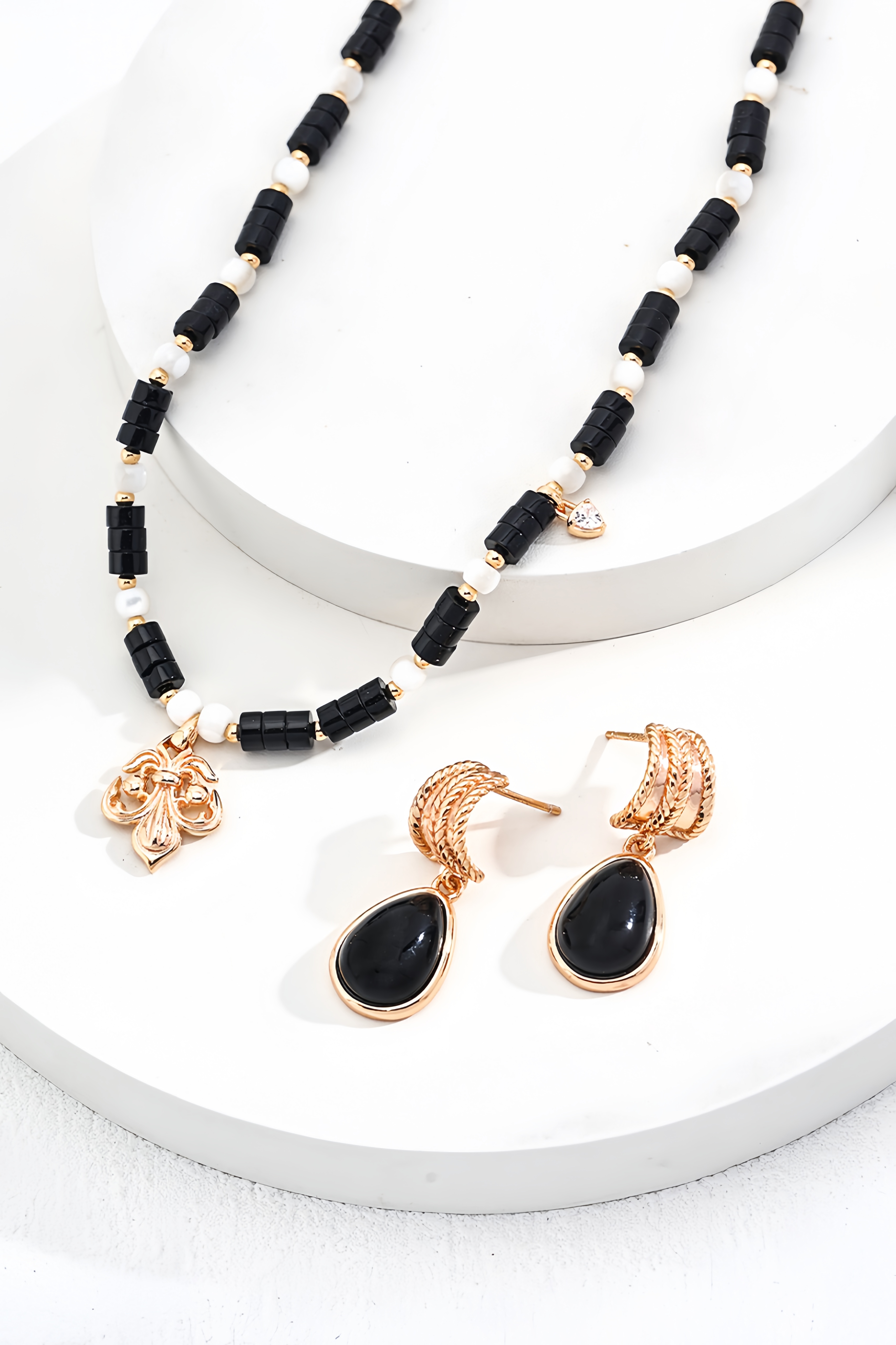 18K S925 Sterling Silver Fashion Unique Noble Onyx Necklace Earrings