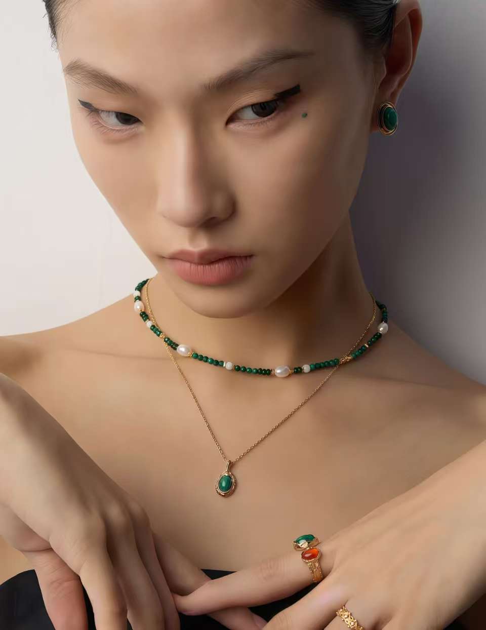 18K S925 sterling silver retro simple versatile fashion malachite necklace ring bracelet earrings