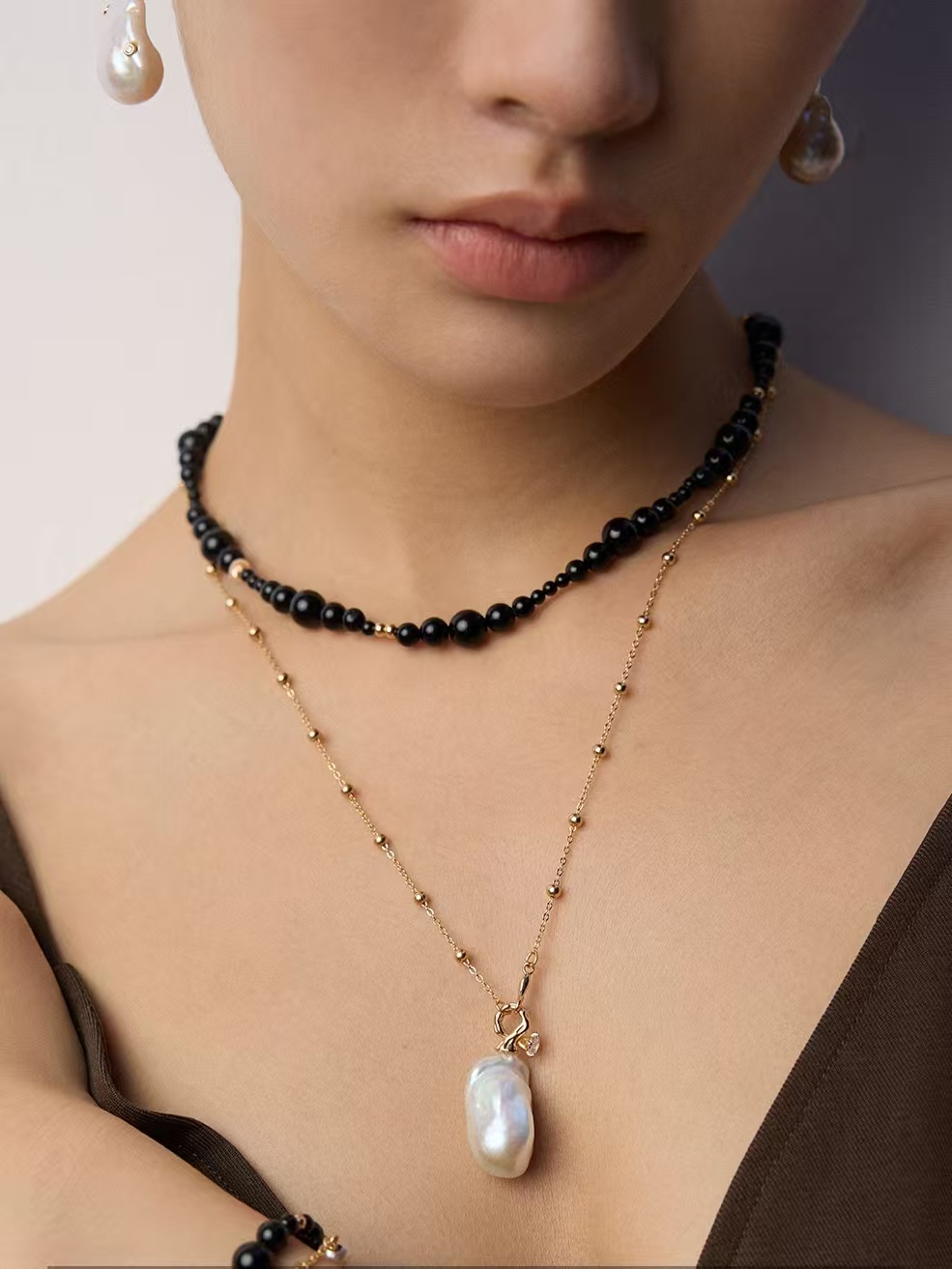 18K S925 Sterling Silver Fashion Premium Sense Onyx Earrings Necklace Bracelet