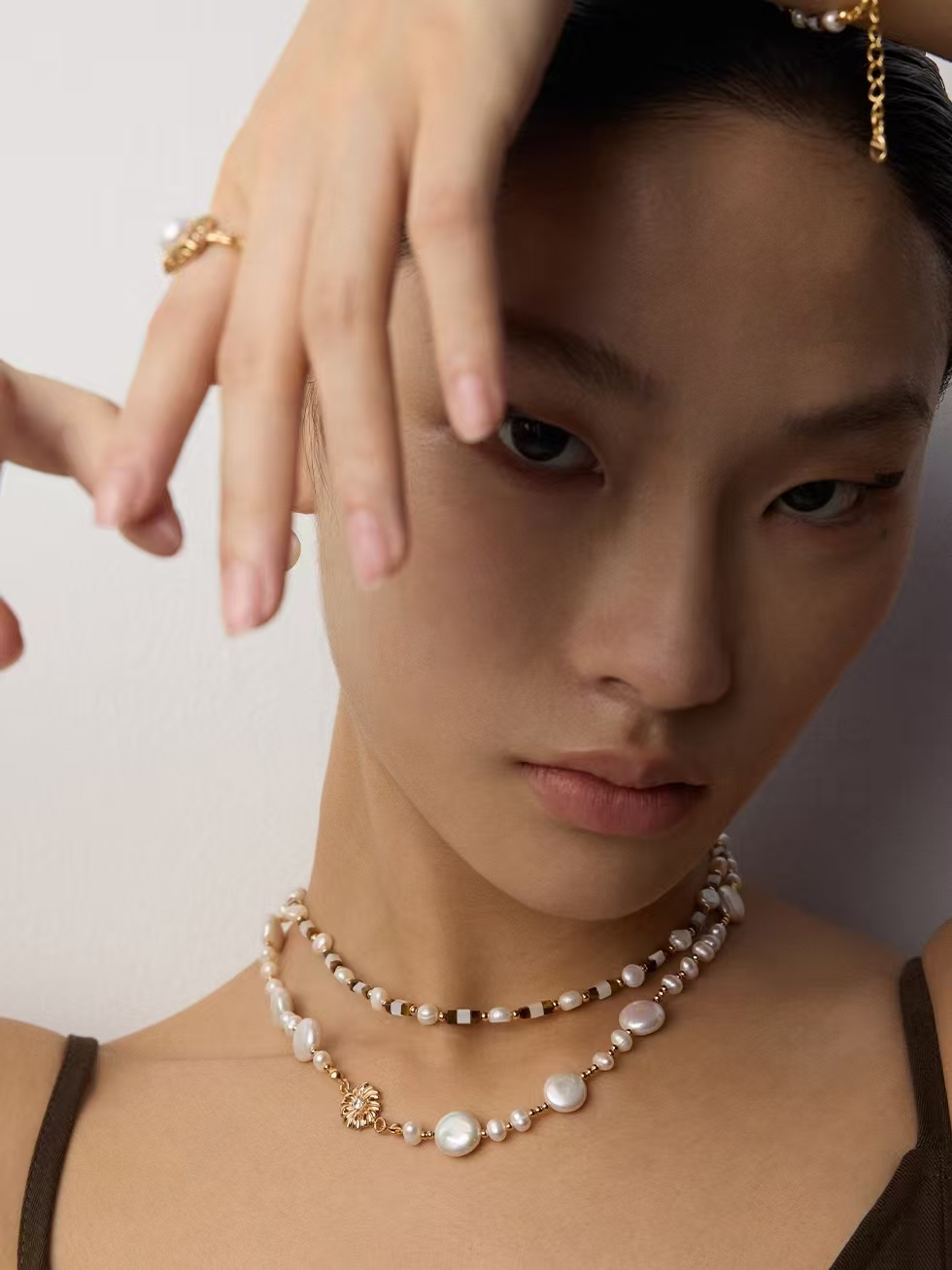 18K S925 Sterling Silver Fashion Retro Niche Pearl Earrings and Necklace