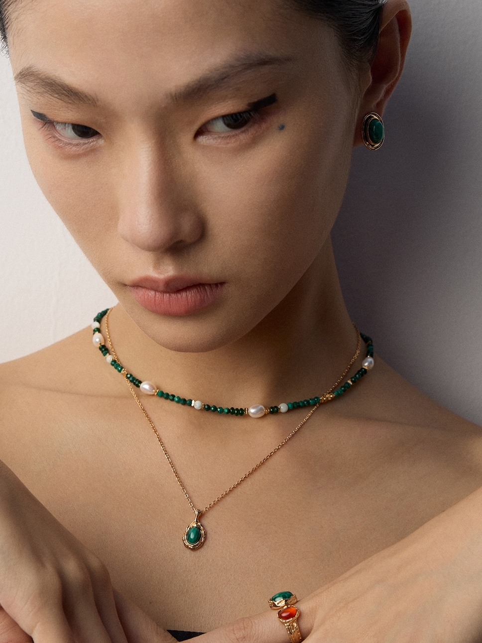 18K S925 Sterling Silver Fashion Luxury Niche Pearl and Malachite Necklace