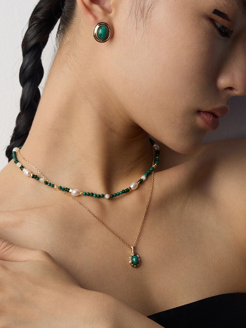 18K S925 Sterling Silver Fashion Luxury Niche Pearl and Malachite Necklace