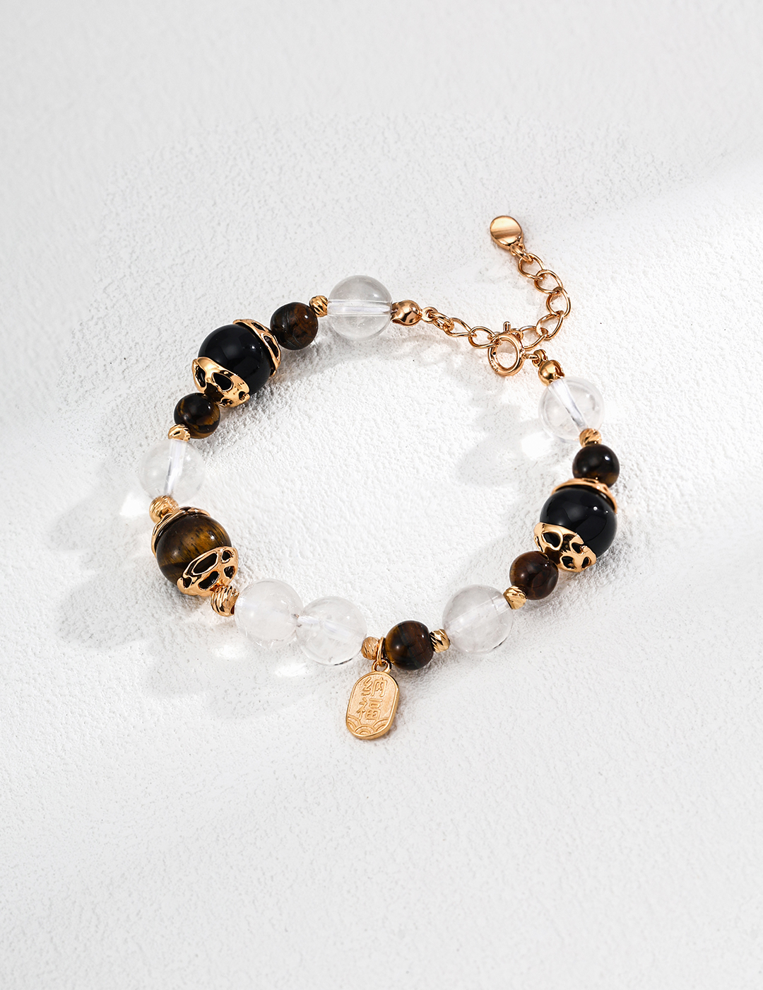 18K S925 Silver Fashionable Fortune-Attracting Tiger Eye Stone, Black Onyx, and Crystal Bead Bracelet