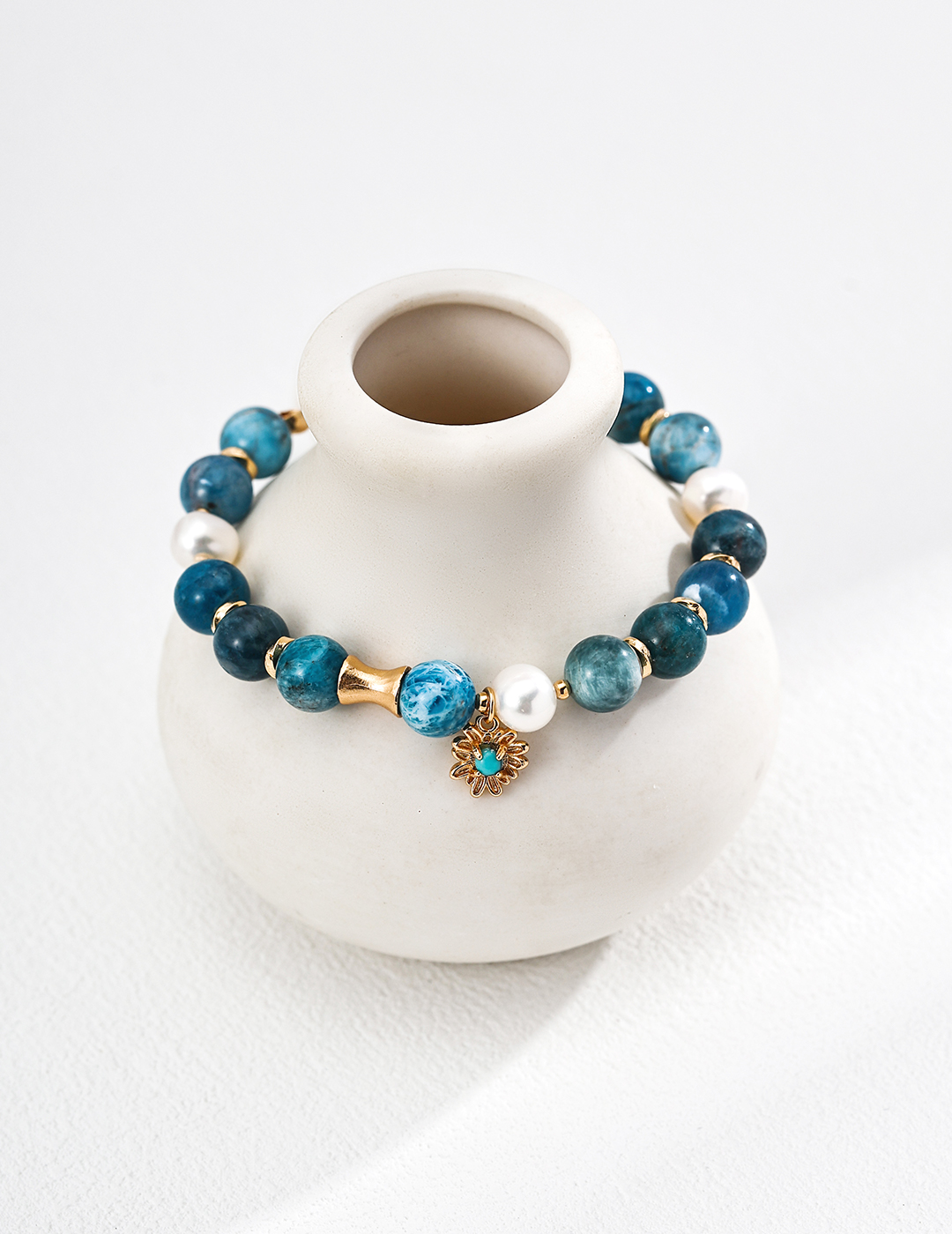 18K S925 Silver Vintage Versatile Natural Pearl, Azurite, and Turquoise Bracelet