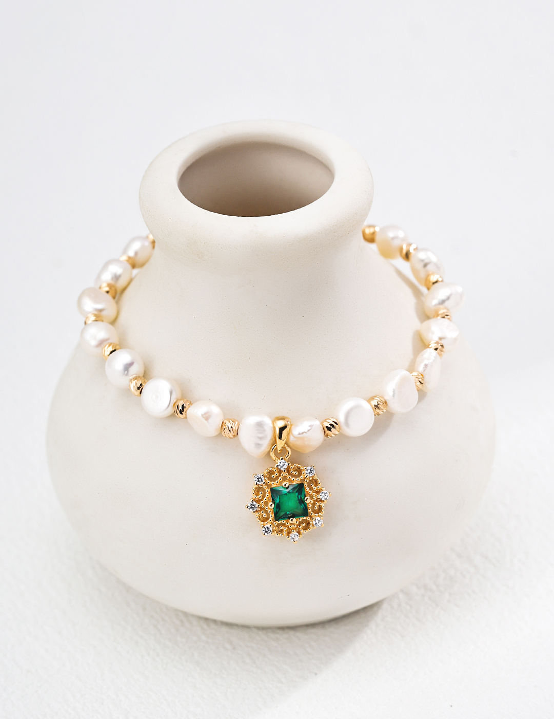 18K Gold-Plated S925 Sterling Silver Noble and elegant Pearl Bracelet and Necklace 