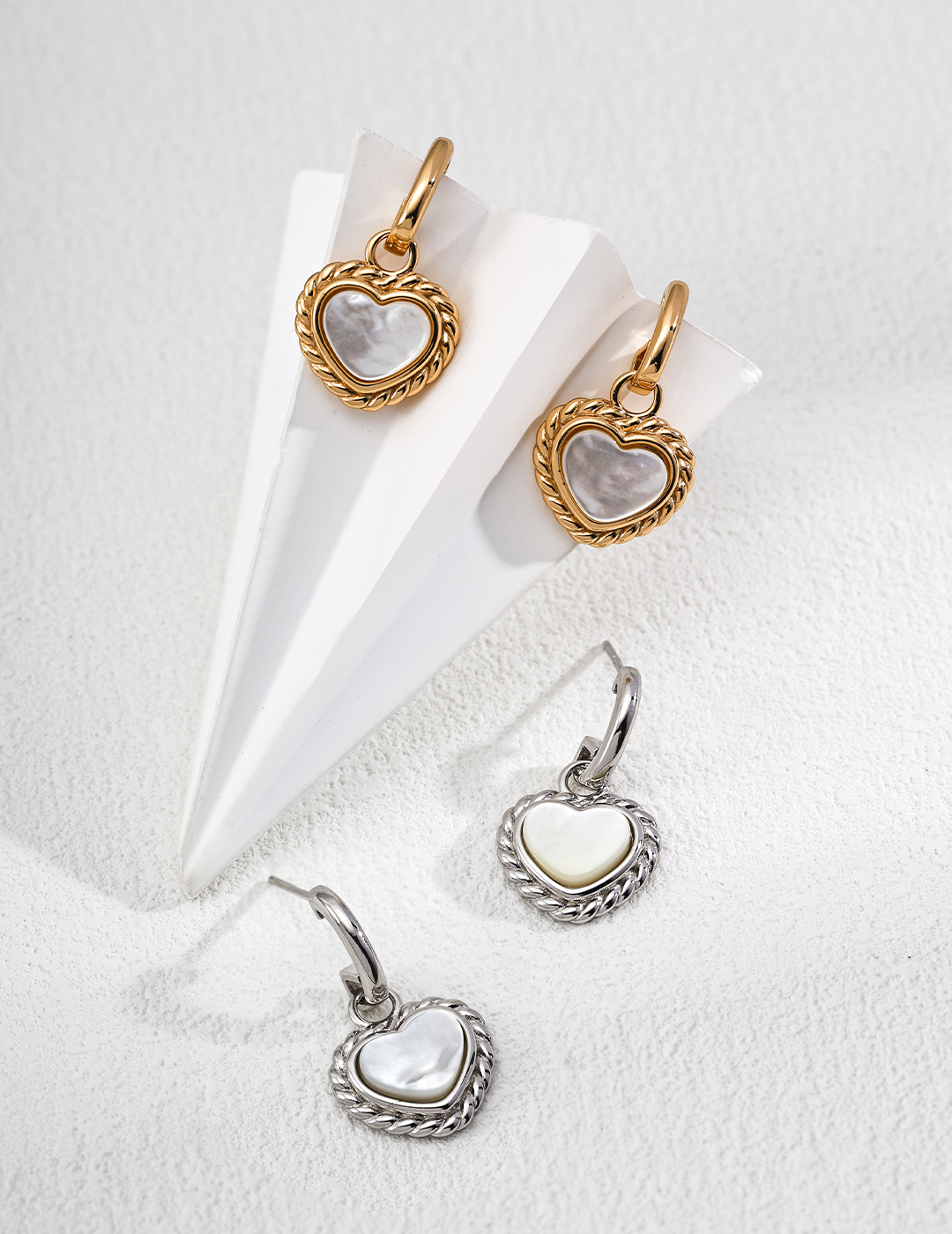 18K 925 Sterling Silver Heart-Shaped Earrings, Vintage Luxury, Natural Mother-of-Pearl