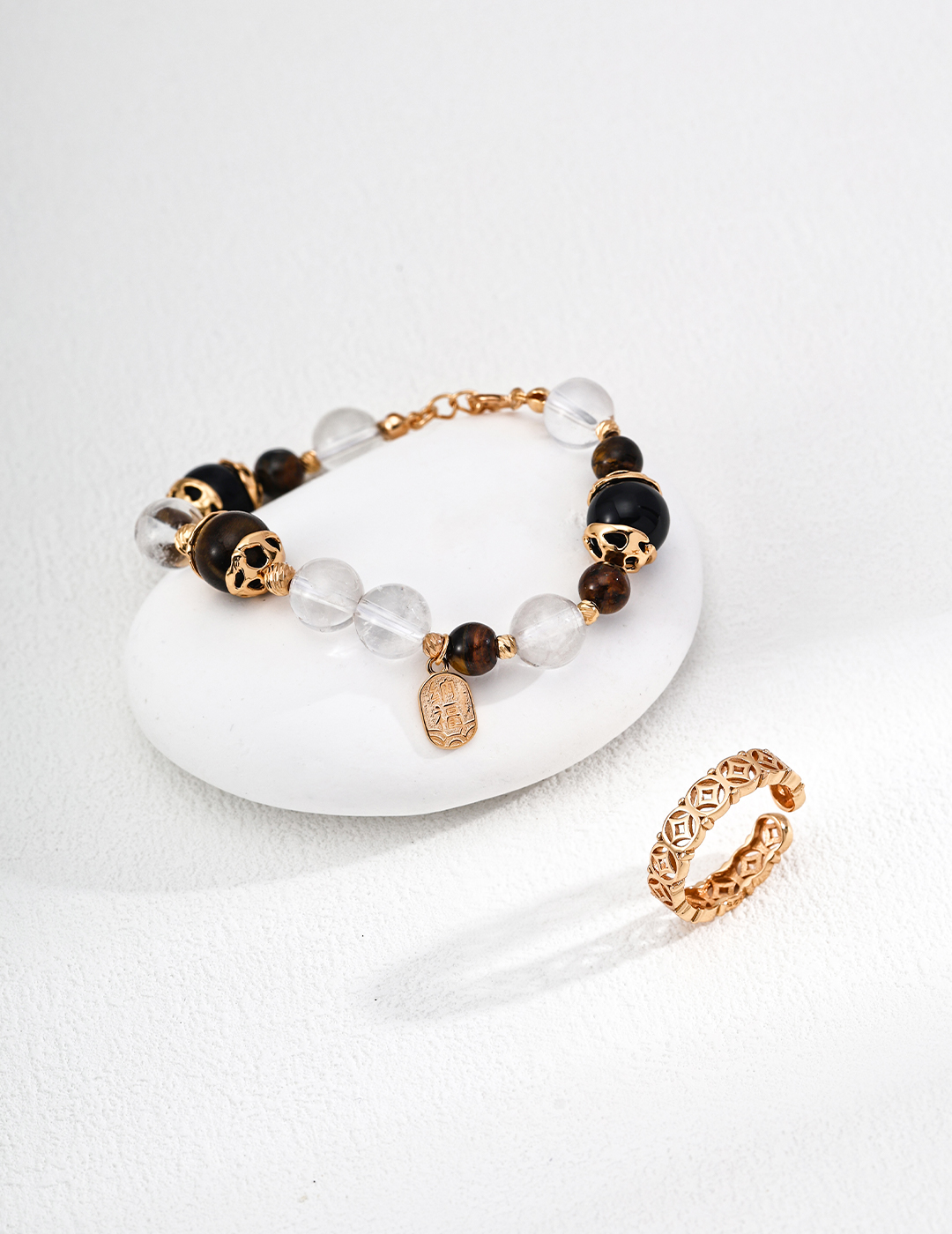 18K S925 Silver Fashionable Fortune-Attracting Tiger Eye Stone, Black Onyx, and Crystal Bead Bracelet