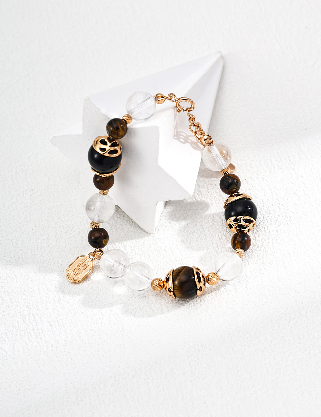 18K S925 Silver Fashionable Fortune-Attracting Tiger Eye Stone, Black Onyx, and Crystal Bead Bracelet